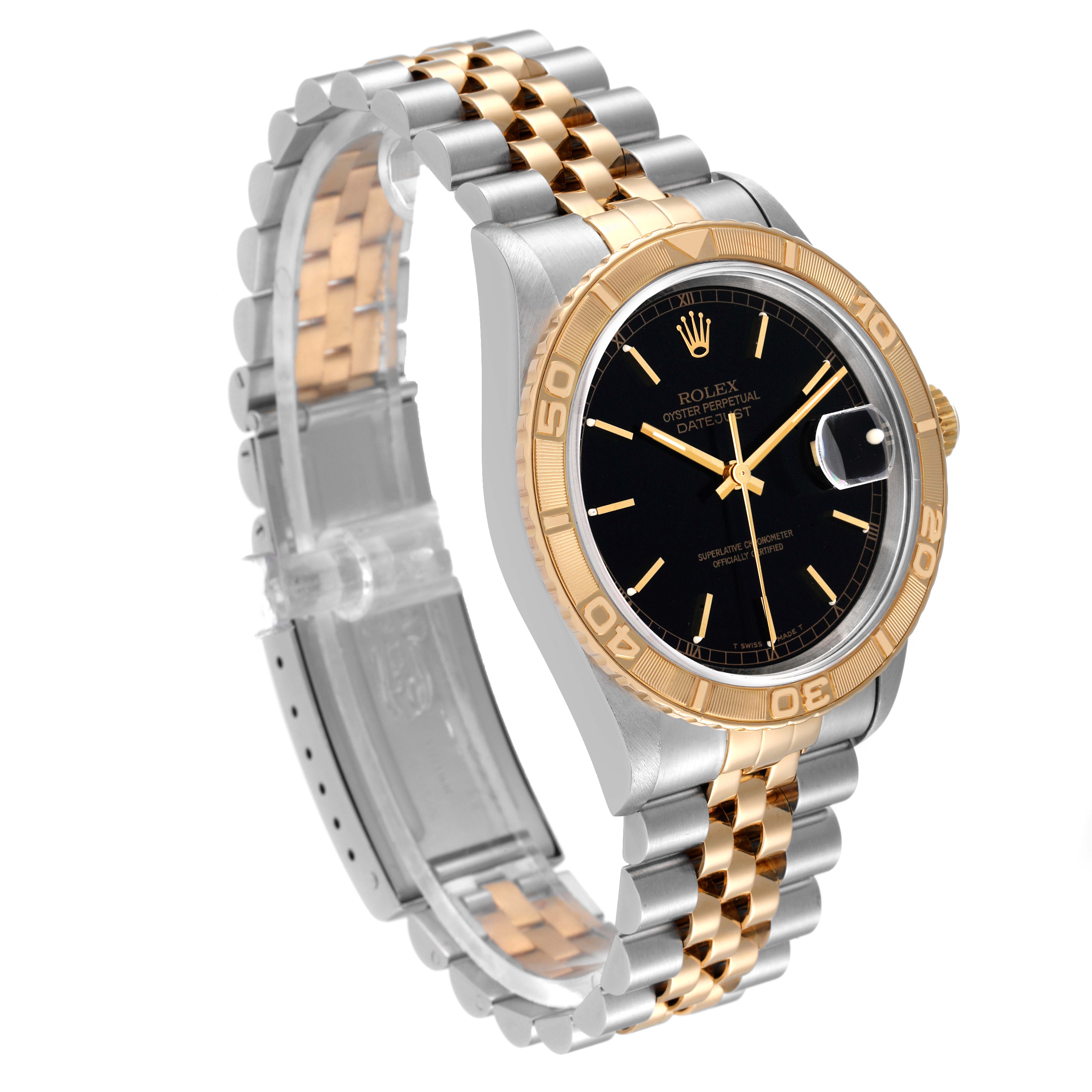This Rolex Turn-o-Graph 16263 Men's Steel and Gold (two tone) Black Dial 16263 Men's Steel and Gold (two tone) Black Dial watch is shown at a slight angle, highlighting its two-tone bracelet, black dial, and gold bezel with inscriptions.
