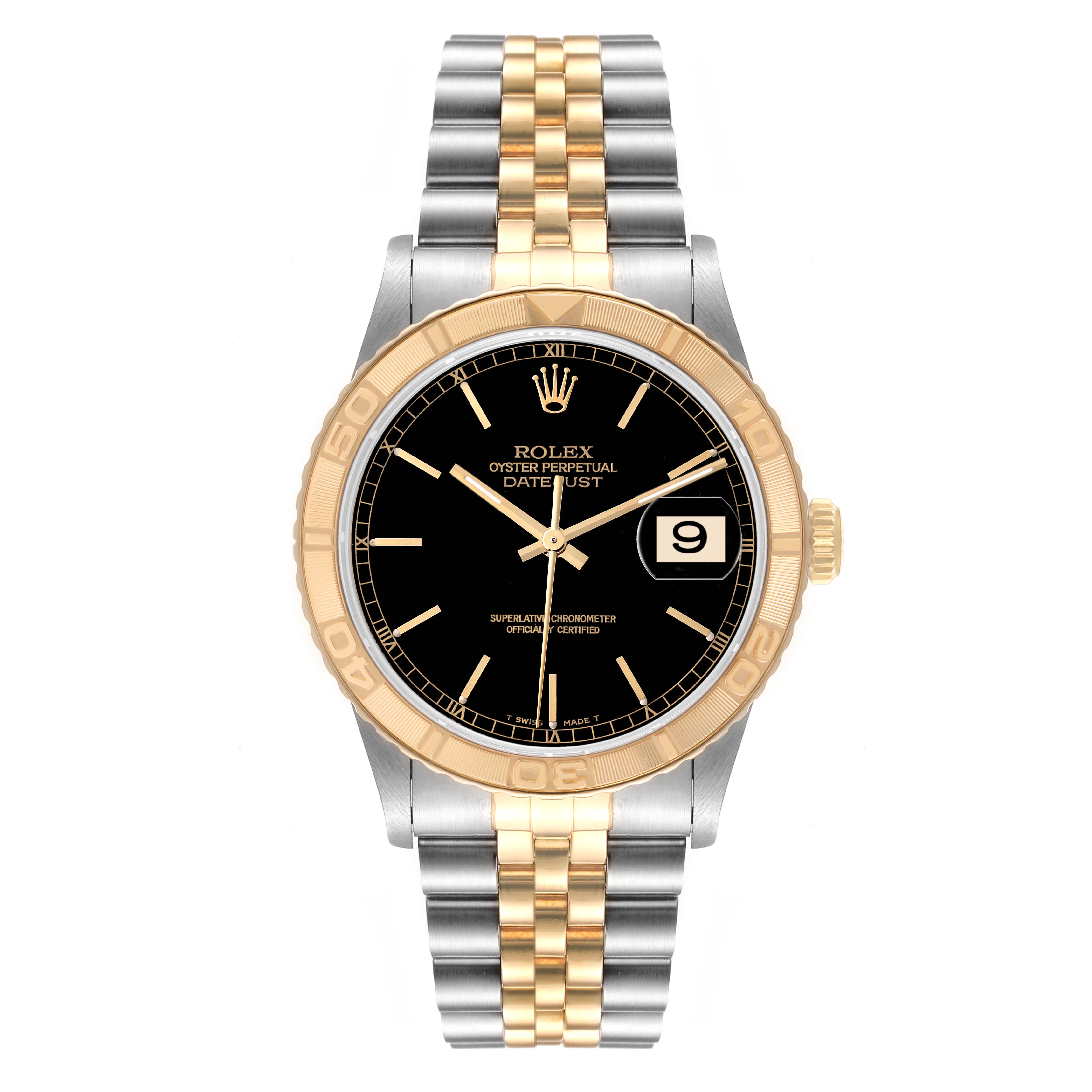 The image shows a front view of a Rolex Turn-o-Graph 16263 Men's Steel and Gold (two tone) Black Dial 16263 Men's Steel and Gold (two tone) Black Dial watch, highlighting its black dial, gold bezel, and two-tone bracelet.