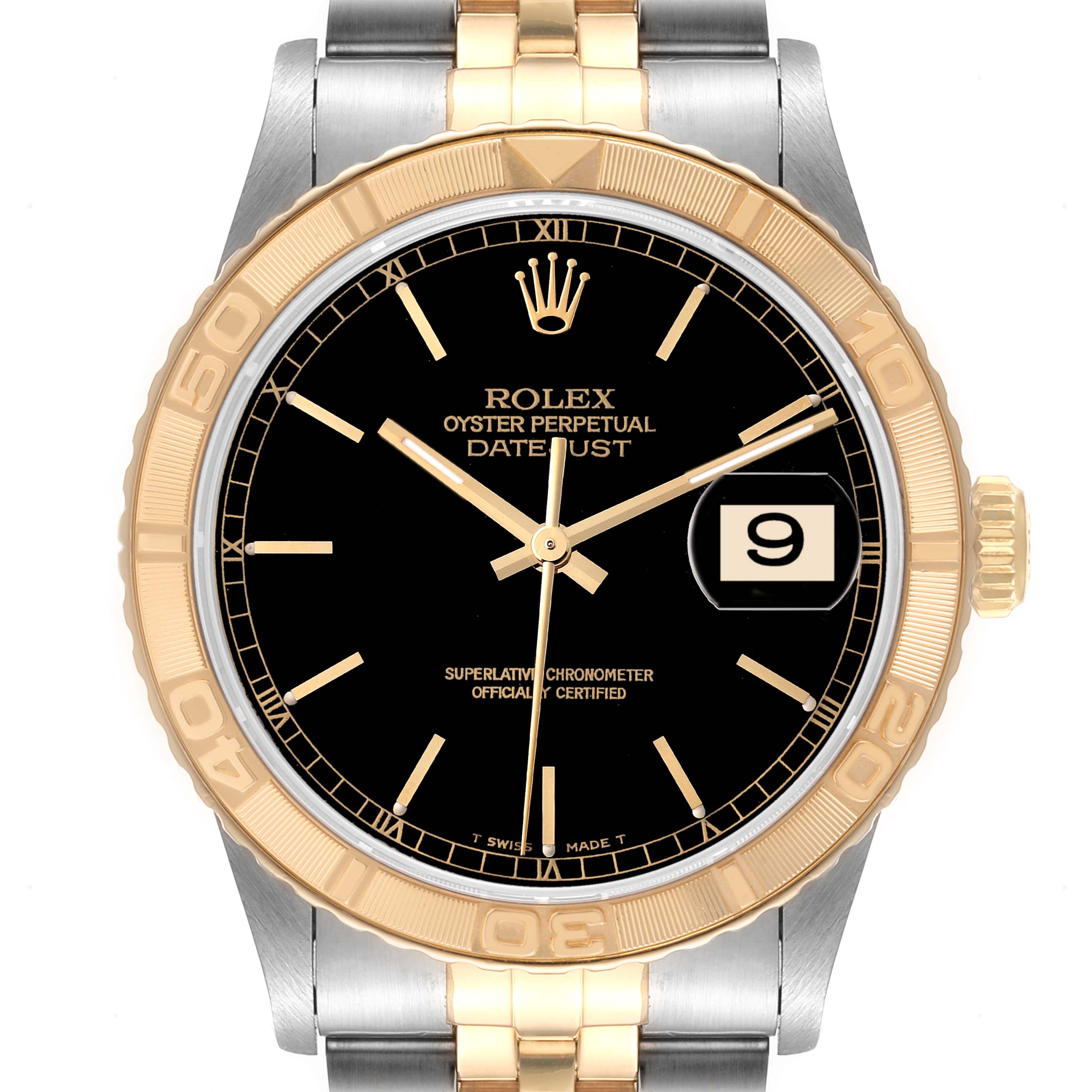 The image shows a front view of a Rolex Turn-o-Graph 16263 Men's Steel and Gold (two tone) Black Dial 16263 Men's Steel and Gold (two tone) Black Dial watch, highlighting its black dial, gold bezel, and two-tone bracelet.