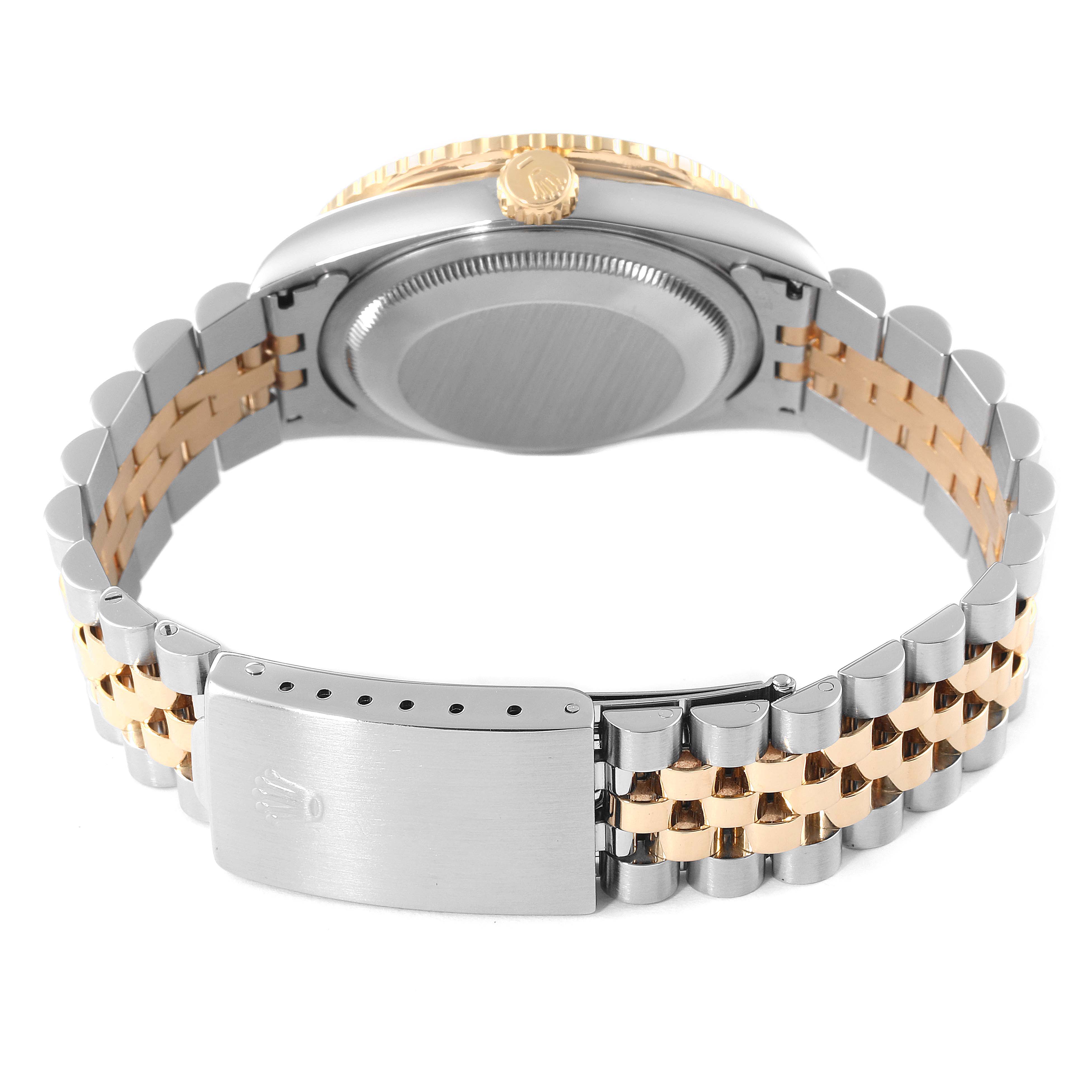 The image shows the back and clasp of the Rolex Turn-o-Graph 16263 Men's Steel and Gold (two tone) Black Dial 16263 Men's Steel and Gold (two tone) Black Dial watch, highlighting the two-tone bracelet and case back.