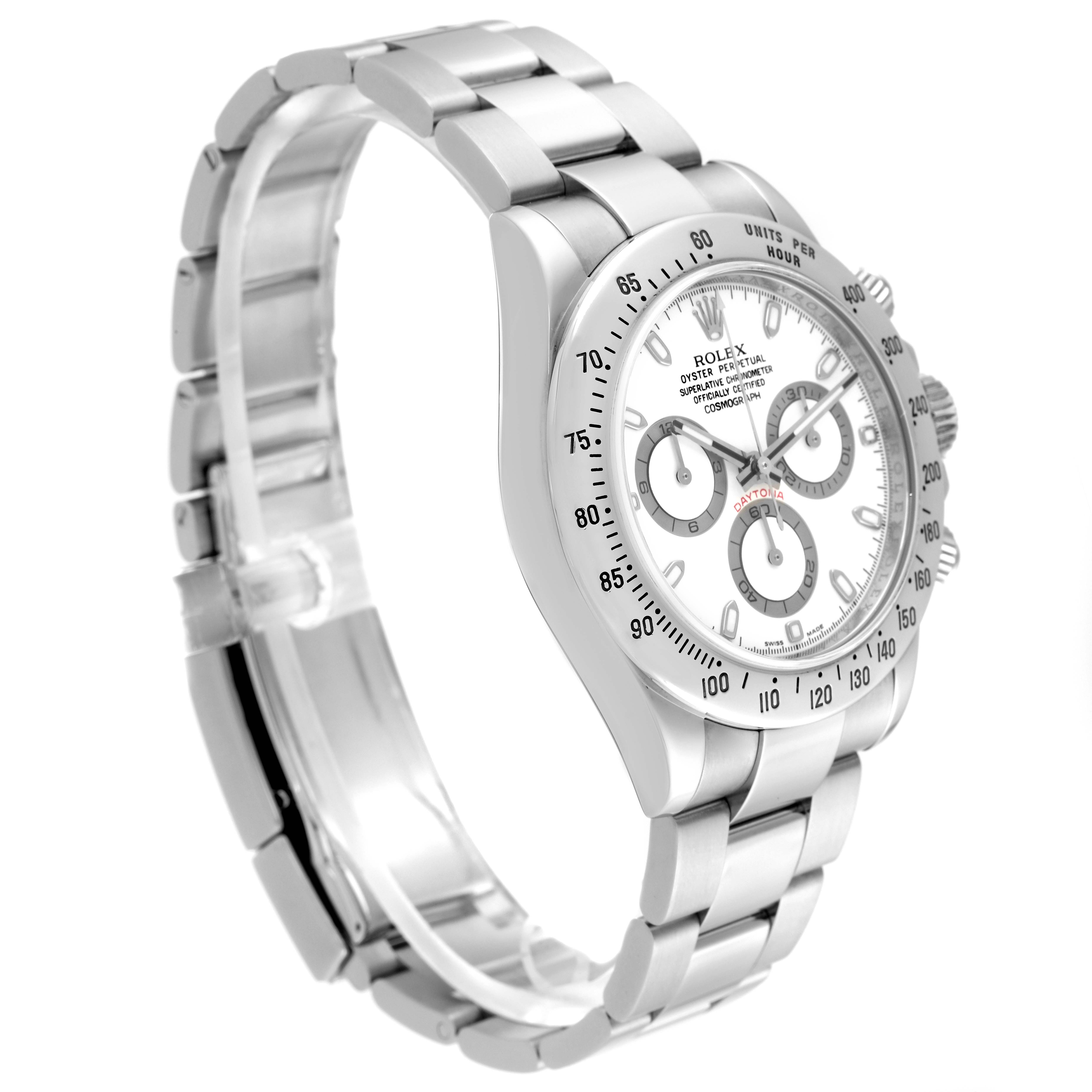 The image shows a side and front angle of the Rolex Daytona 116520 Men's Stainless Steel White Dial 116520 Men's Stainless Steel White Dial watch, highlighting its bracelet, bezel, and dial.