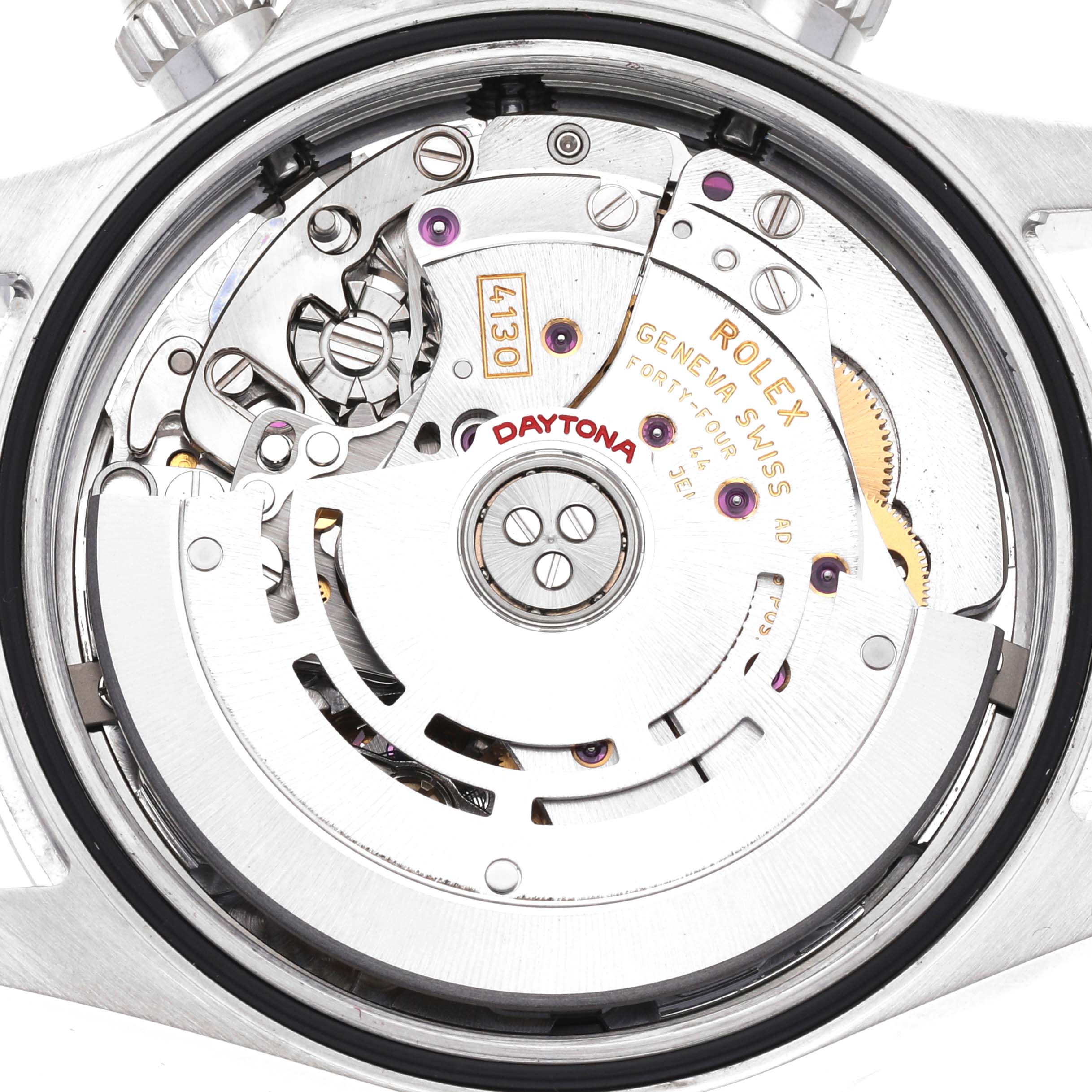 The image shows the internal mechanism and movement of a Rolex Daytona 116520 Men's Stainless Steel White Dial 116520 Men's Stainless Steel White Dial watch, viewed from the back.