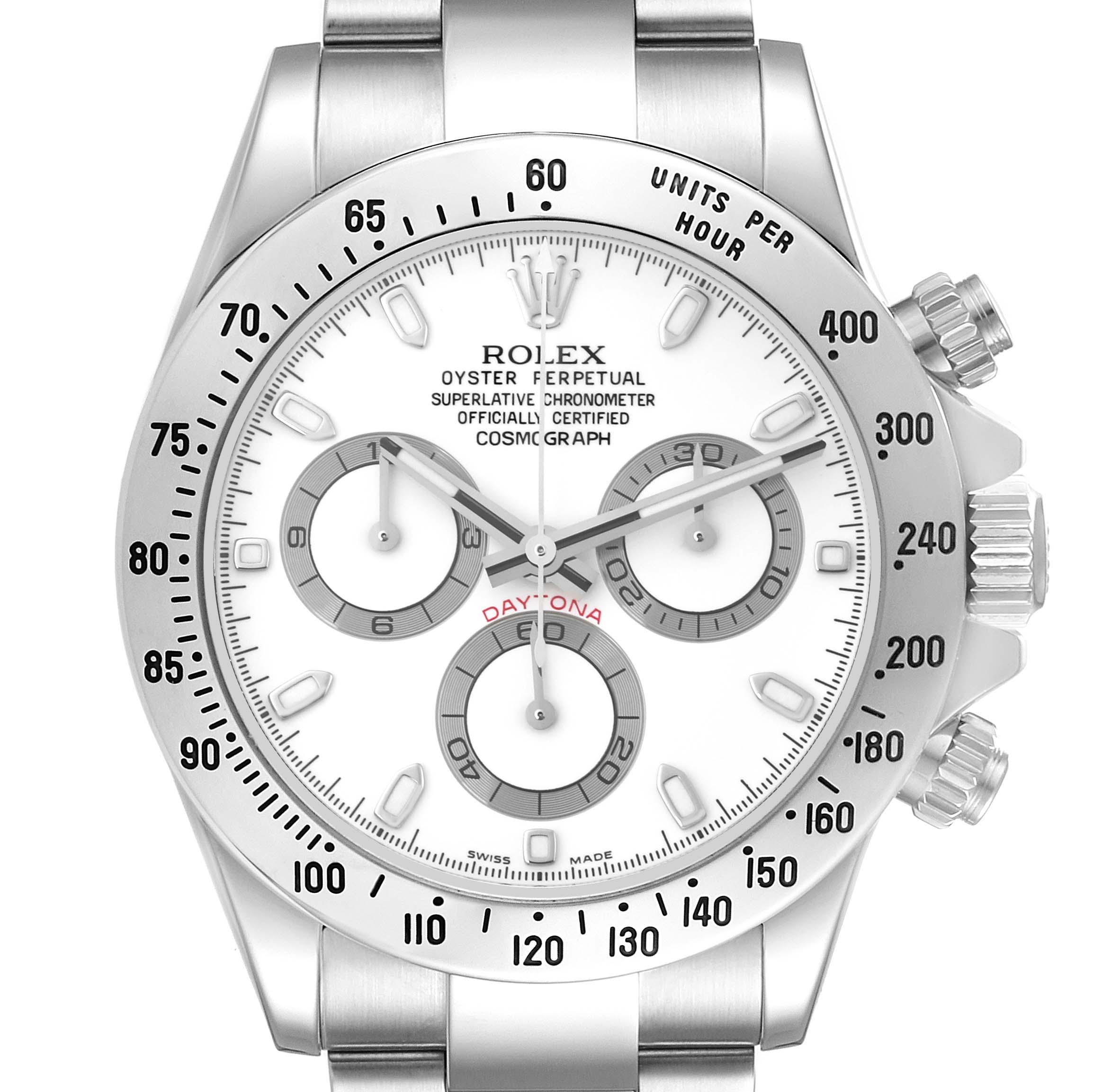 The image shows a front view of the Rolex Daytona 116520 Men's Stainless Steel White Dial 116520 Men's Stainless Steel White Dial watch, displaying its dial, subdials, and bezel with tachymeter scale.