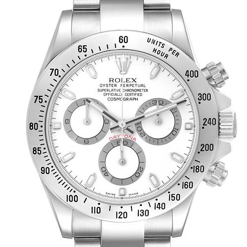 The Rolex Daytona watch is shown from the front, displaying the dial, subdials, bezel, and crown.