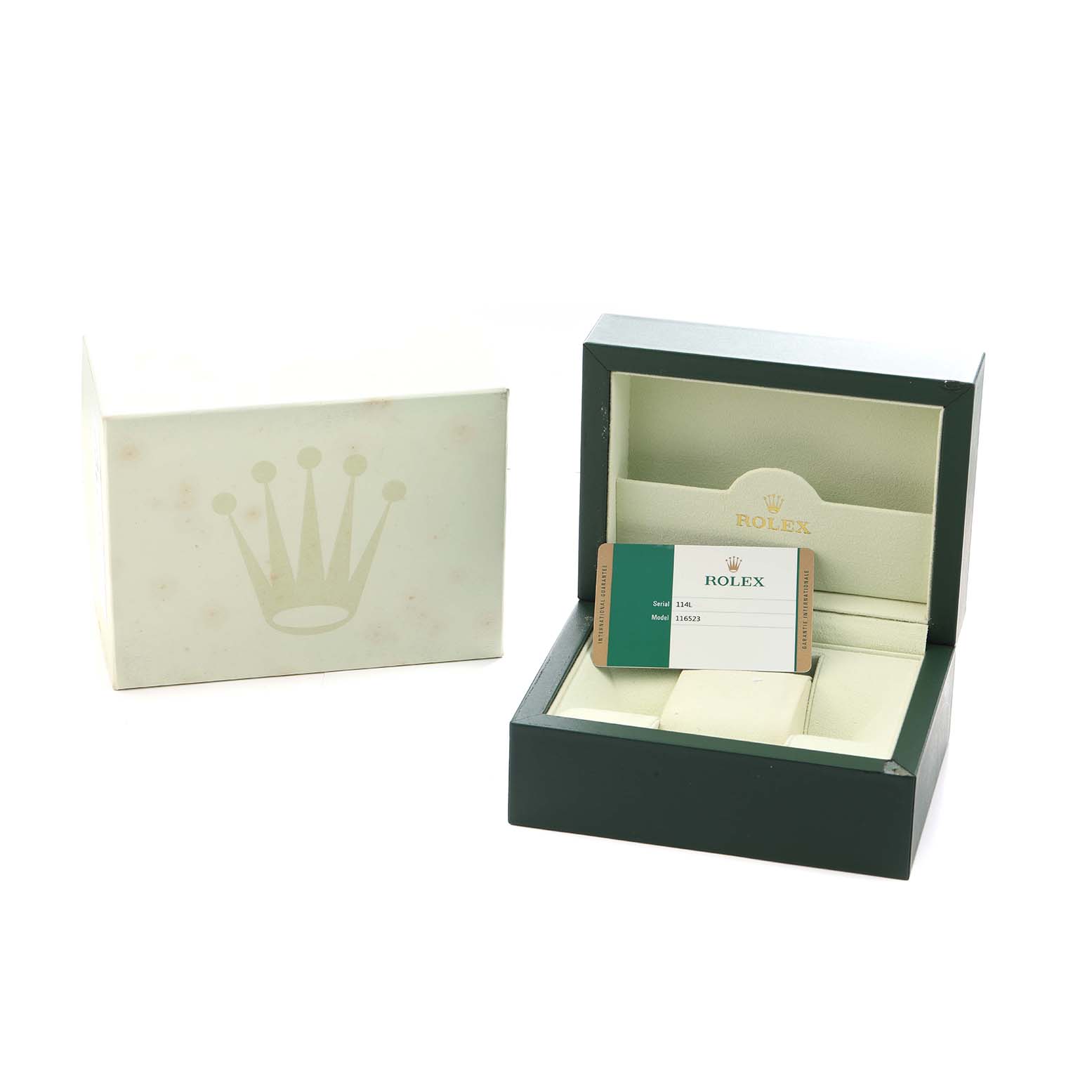 The image shows a Rolex Daytona 116523 Men
s Steel and Gold (two tone) White Dial watch box and card holder, with the box open displaying the interior and warranty card.