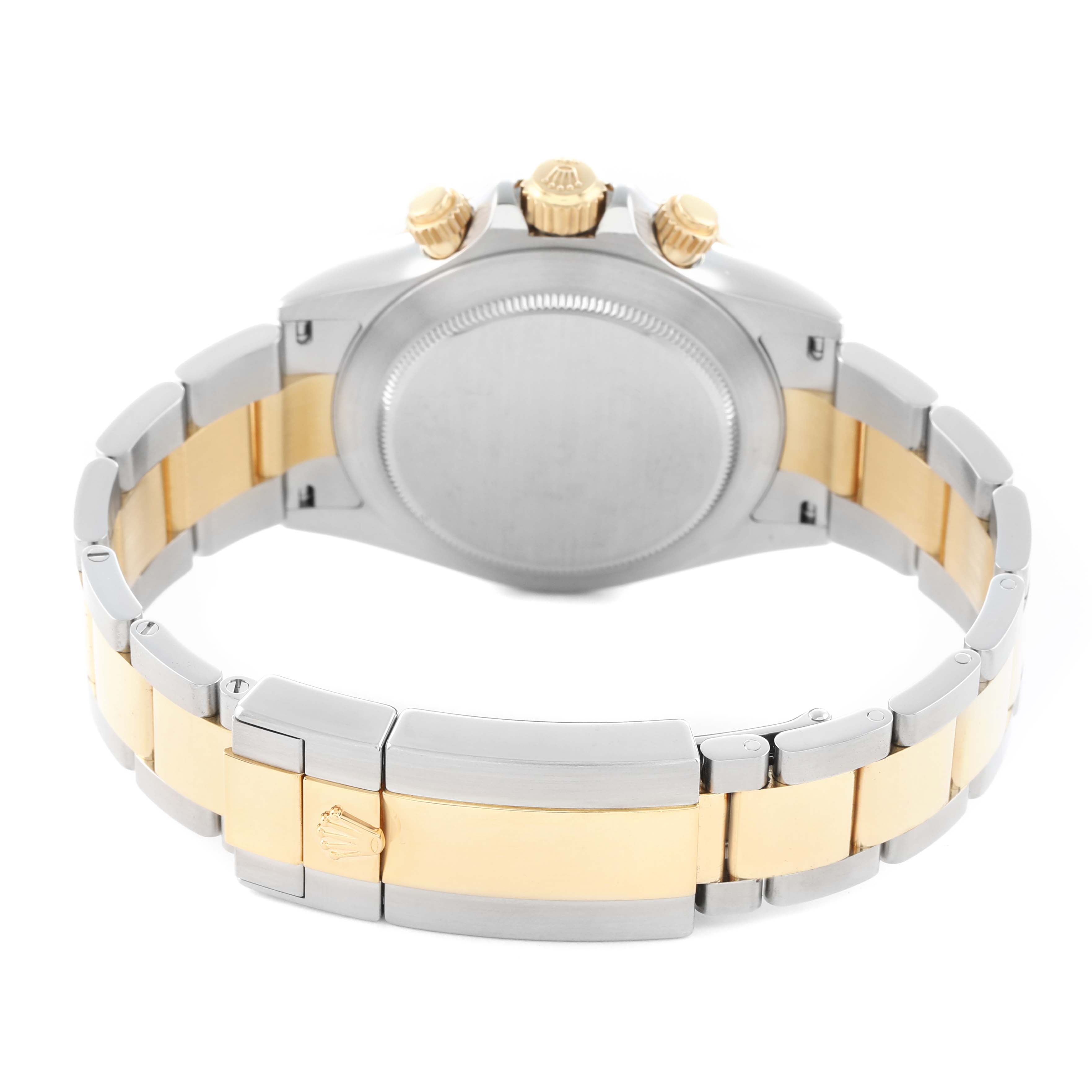 The image shows the back of a Rolex Daytona 116523 Men
s Steel and Gold (two tone) White Dial watch, highlighting the stainless steel and gold bracelet and the case back.