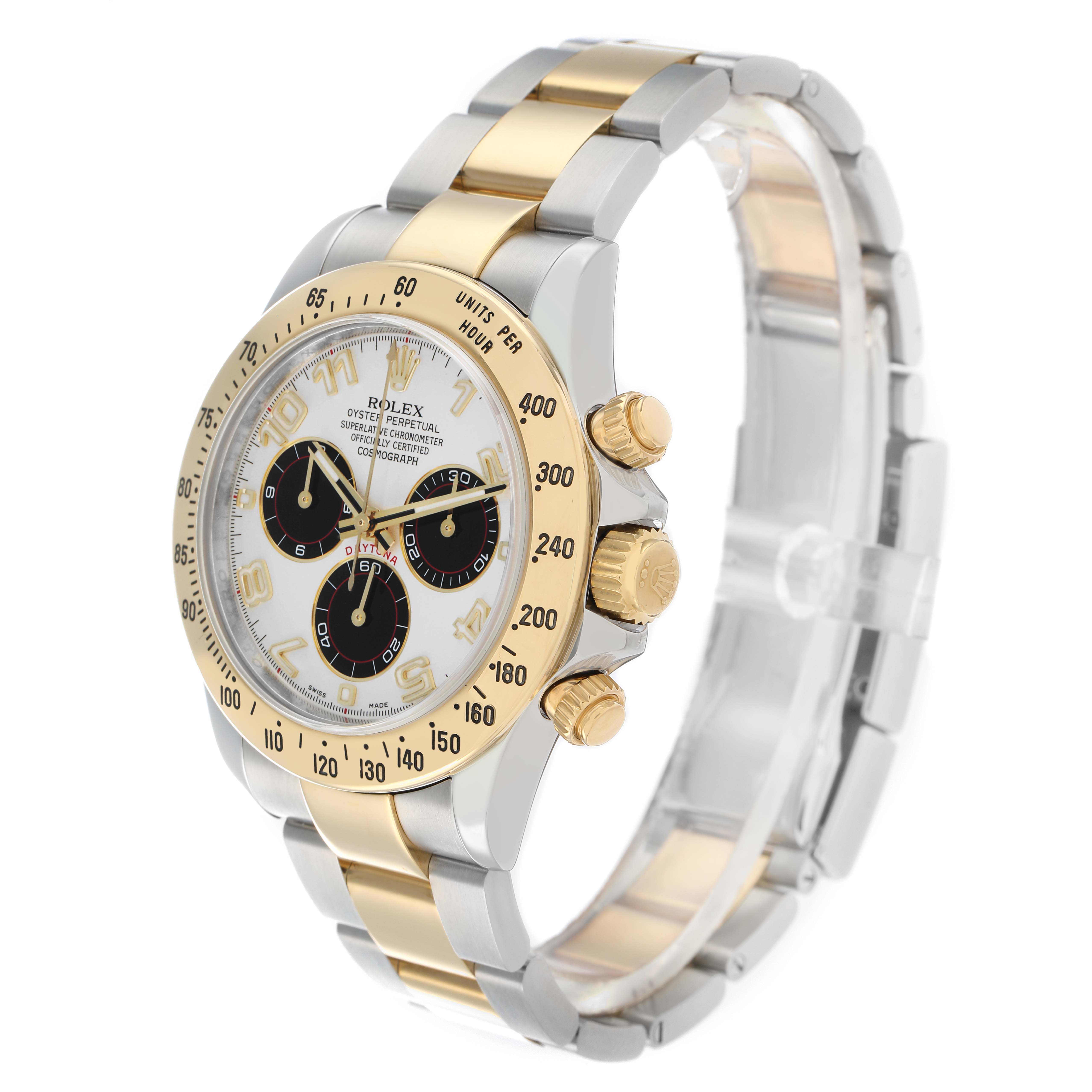 The Rolex Daytona 116523 Men
s Steel and Gold (two tone) White Dial watch is shown at a three-quarter angle, highlighting the dial, bezel, crown, and two-tone bracelet.
