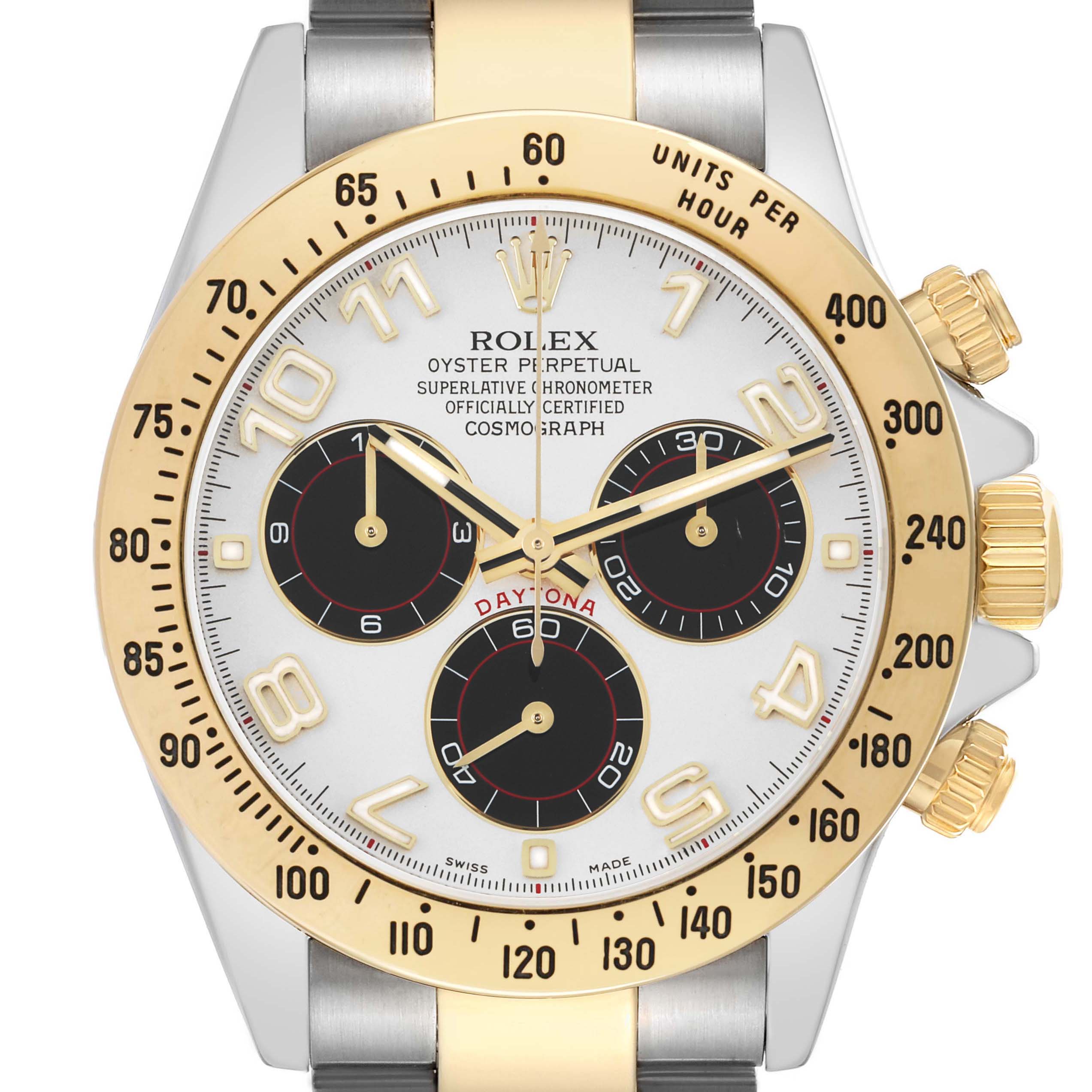 The Rolex Daytona 116523 Men
s Steel and Gold (two tone) Beige Dial watch is shown from the front, highlighting its gold bezel, chronograph subdials, and stainless steel bracelet.
