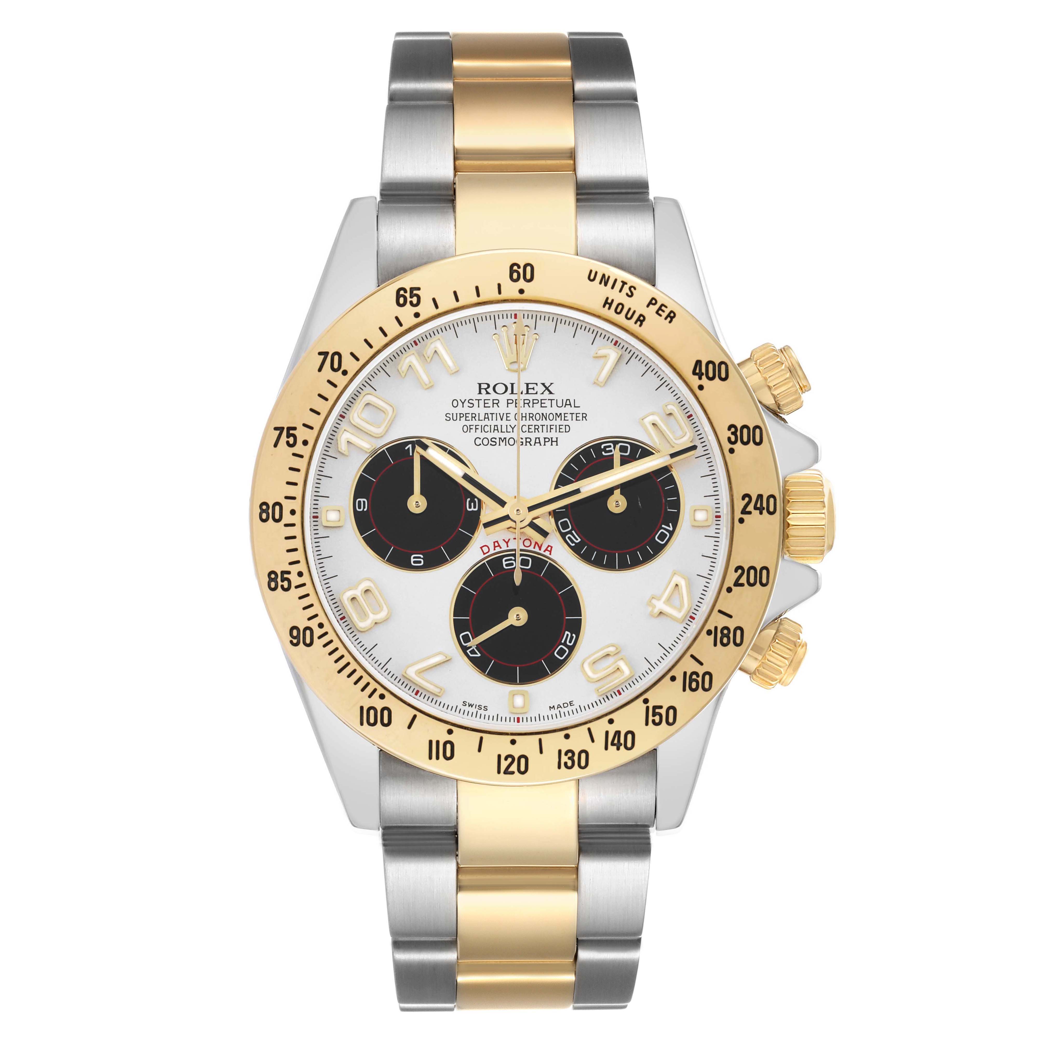 The Rolex Daytona 116523 Men
s Steel and Gold (two tone) Beige Dial model is shown from a front angle, displaying the bezel, dial, crown, and the two-tone bracelet.