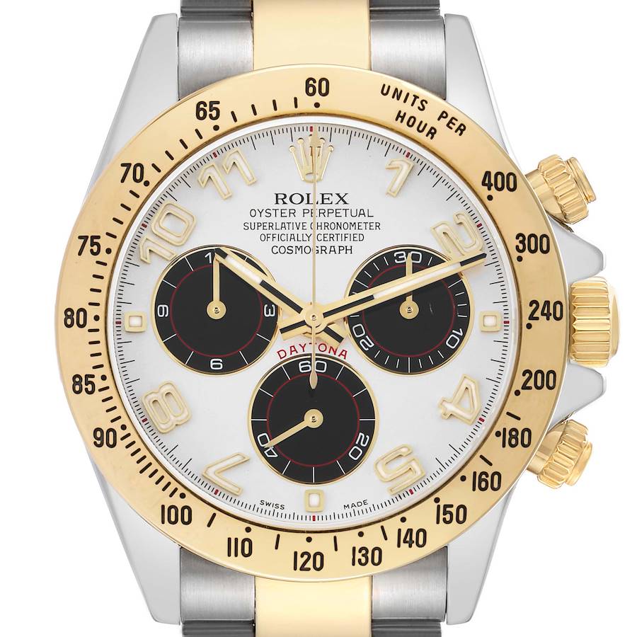 The Rolex Daytona 116523 Men's Steel and Gold (two tone) White Dial watch is shown from a front angle, highlighting its dial, bezel, and crown.
