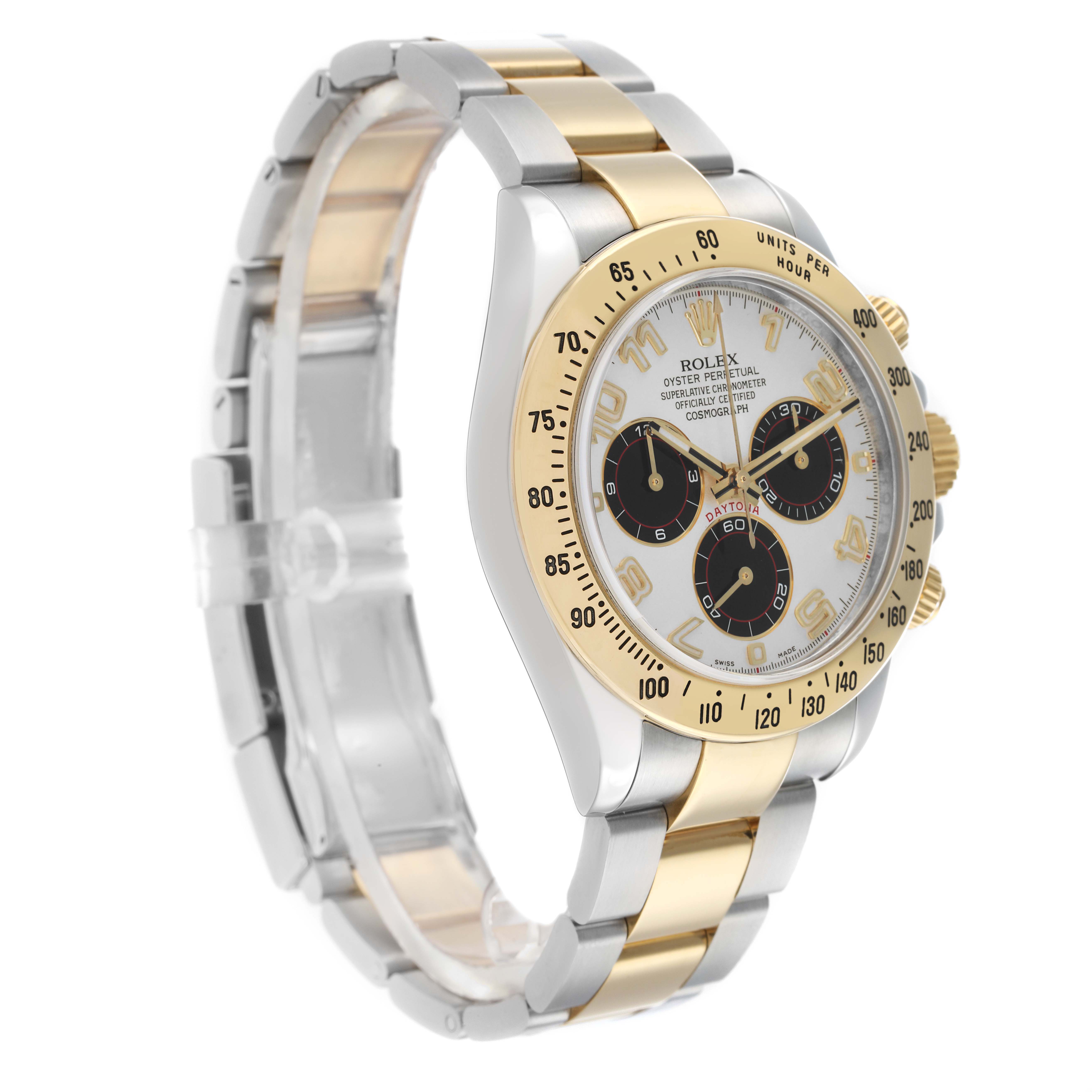 The image shows a side angle of the Rolex Daytona 116523 Men
s Steel and Gold (two tone) White Dial, highlighting the bezel, dial, case, and bracelet.