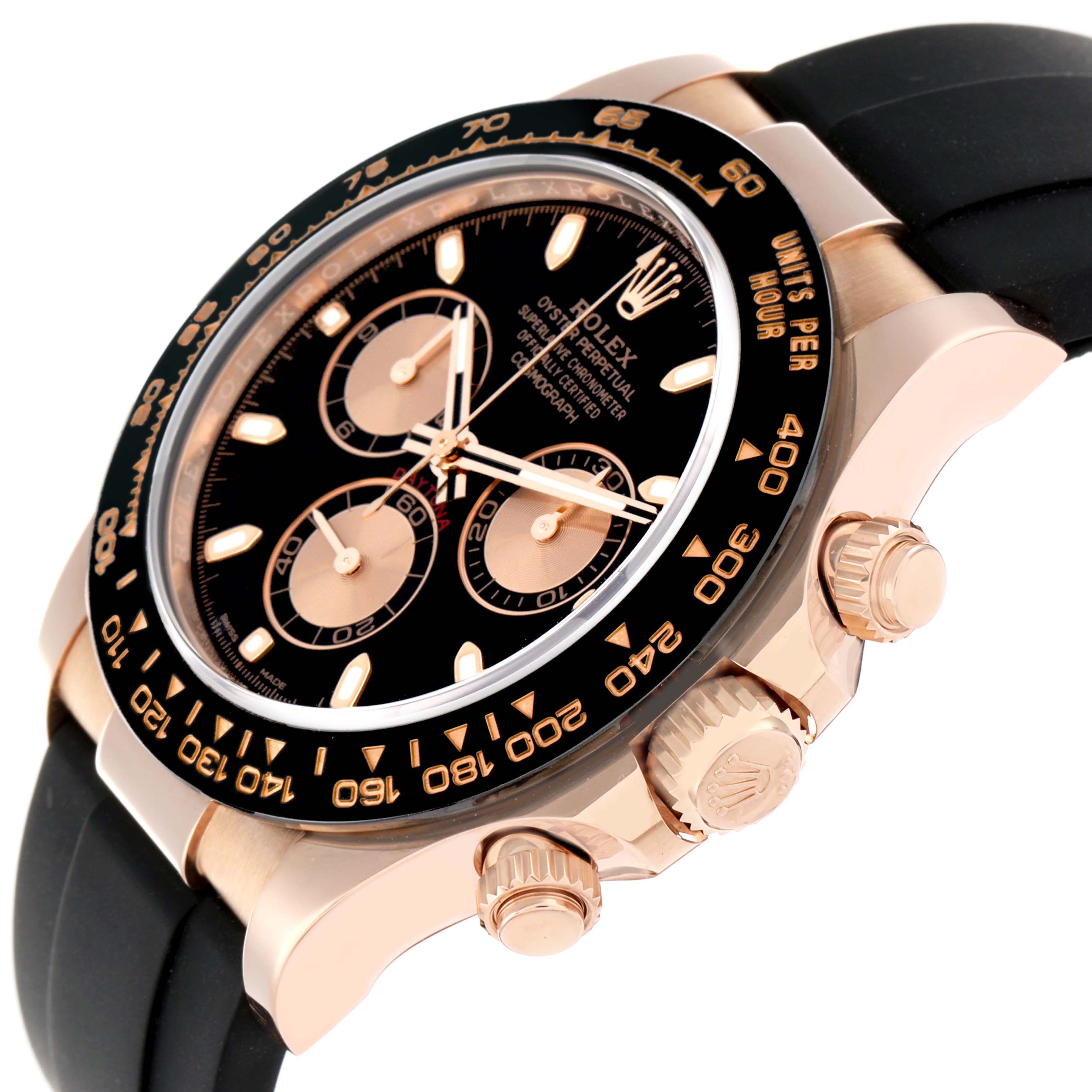 The Rolex Daytona 116515 Men
s Rose Gold Black Dial watch is shown at an angle highlighting the black dial, subdials, and bezel along with the pushers and crown.