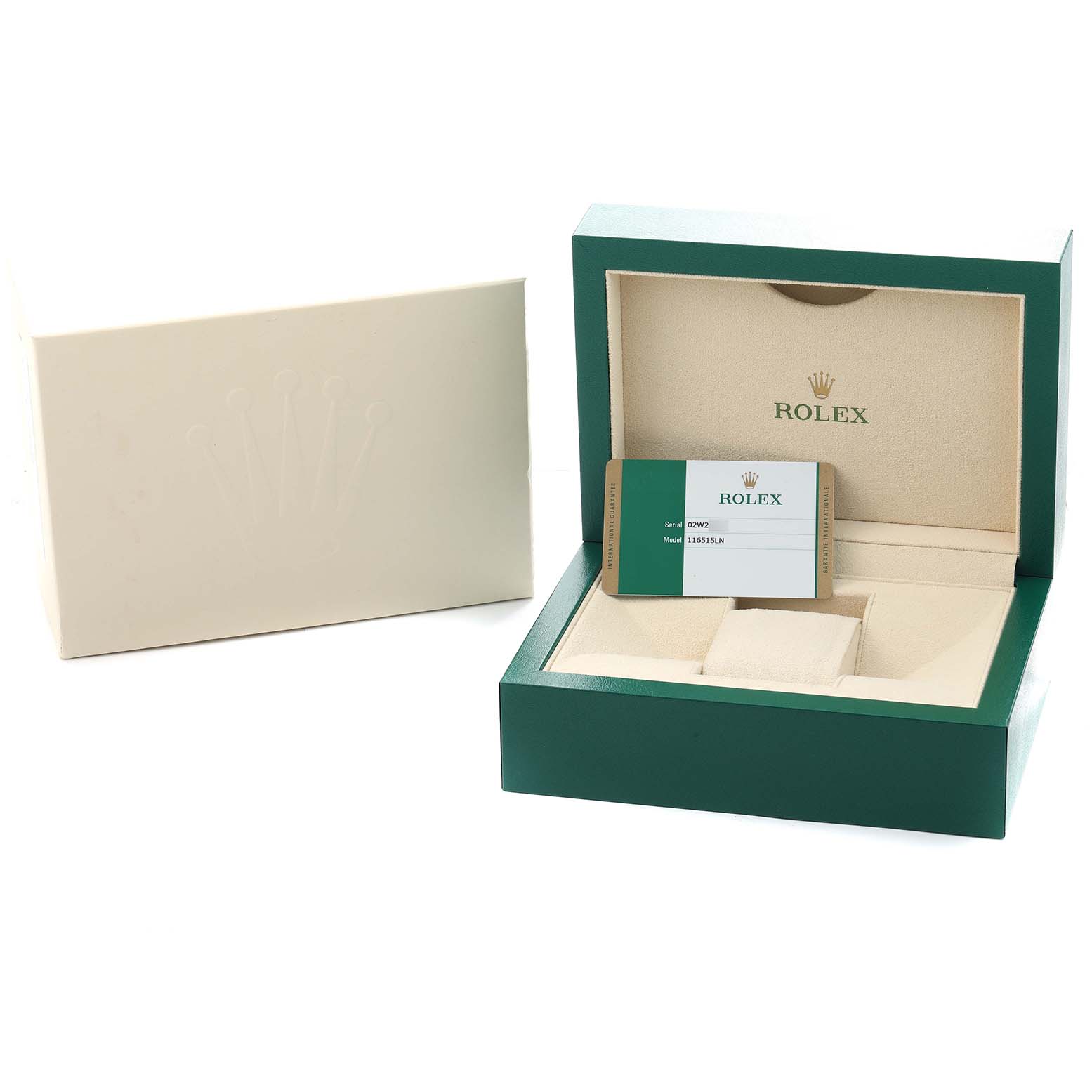 The image shows a Rolex Daytona 116515 Men
s Rose Gold Black Dial box and warranty card, viewed from the front, with the lid open.