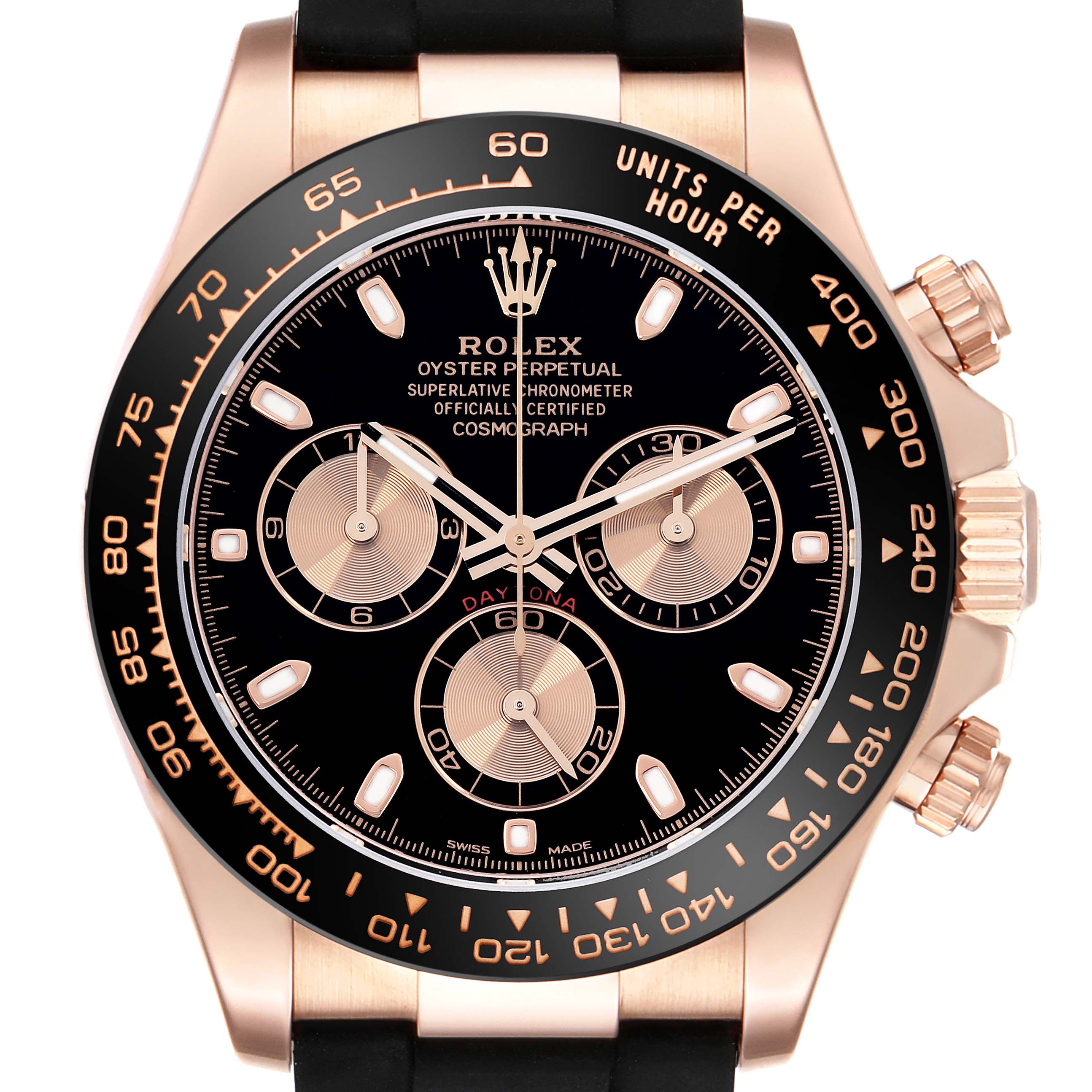 The Rolex Daytona 116515 Men
s Rose Gold Black Dial watch is shown from a front angle, displaying the dial, subdials, bezel, and crown.