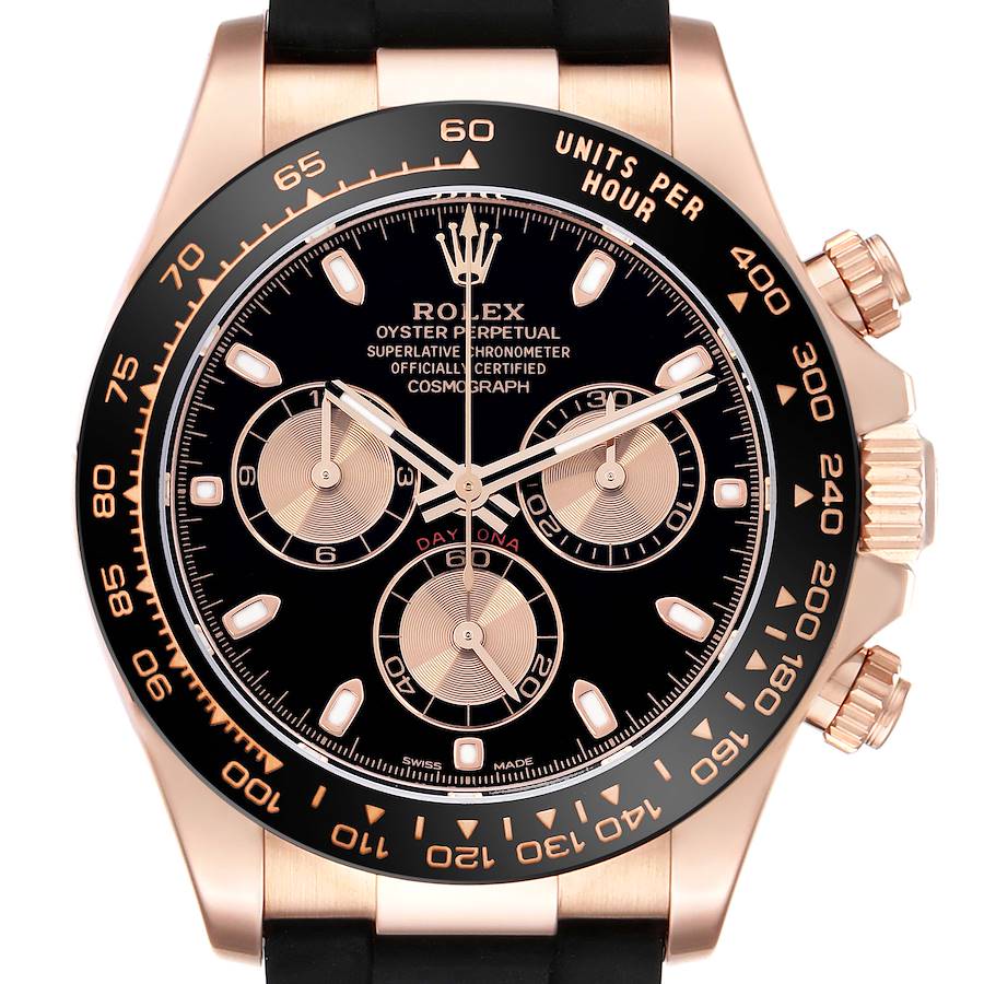 The Rolex Daytona 116515 Men's Rose Gold Black Dial watch is shown from a front angle, displaying the dial, subdials, bezel, and crown.