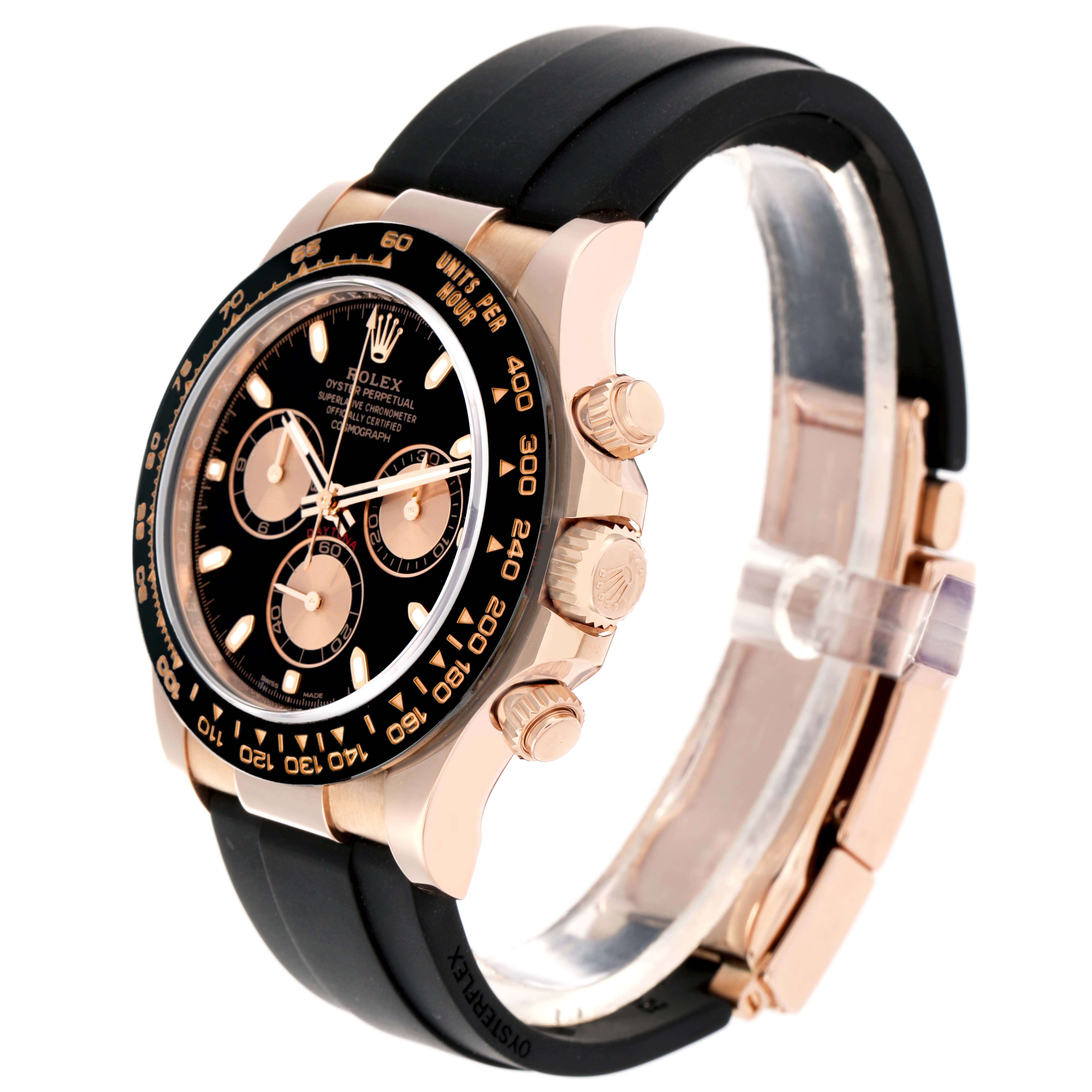 The Rolex Daytona 116515 Men
s Rose Gold Black Dial watch is shown at a three-quarter angle, displaying the dial, bezel, crown, and strap.