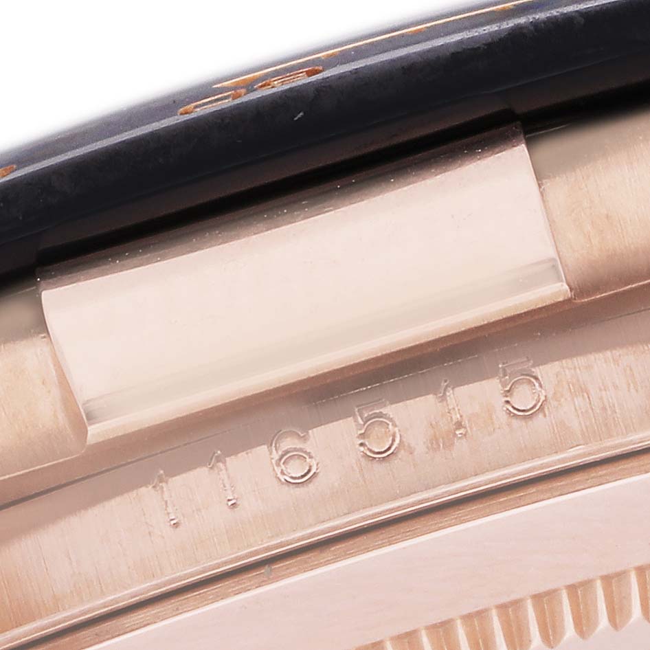 The image shows a close-up of the side view of a Rolex Daytona 116515 Men
s Rose Gold Black Dial model, focusing on part of the case and engraved serial number.