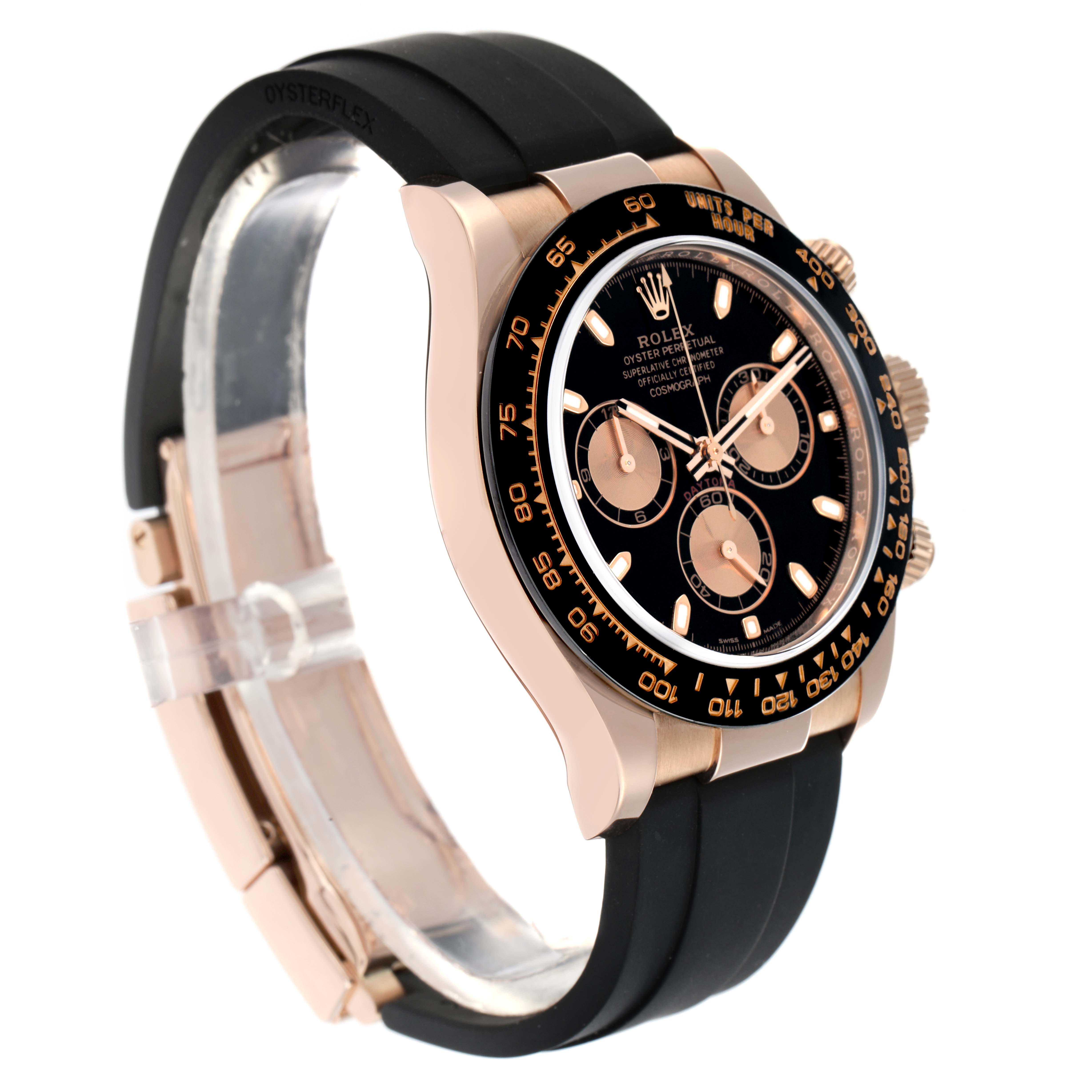 The Rolex Daytona 116515 Men
s Rose Gold Black Dial watch is shown at a three-quarter angle highlighting the black dial, bezel, and rubber strap.