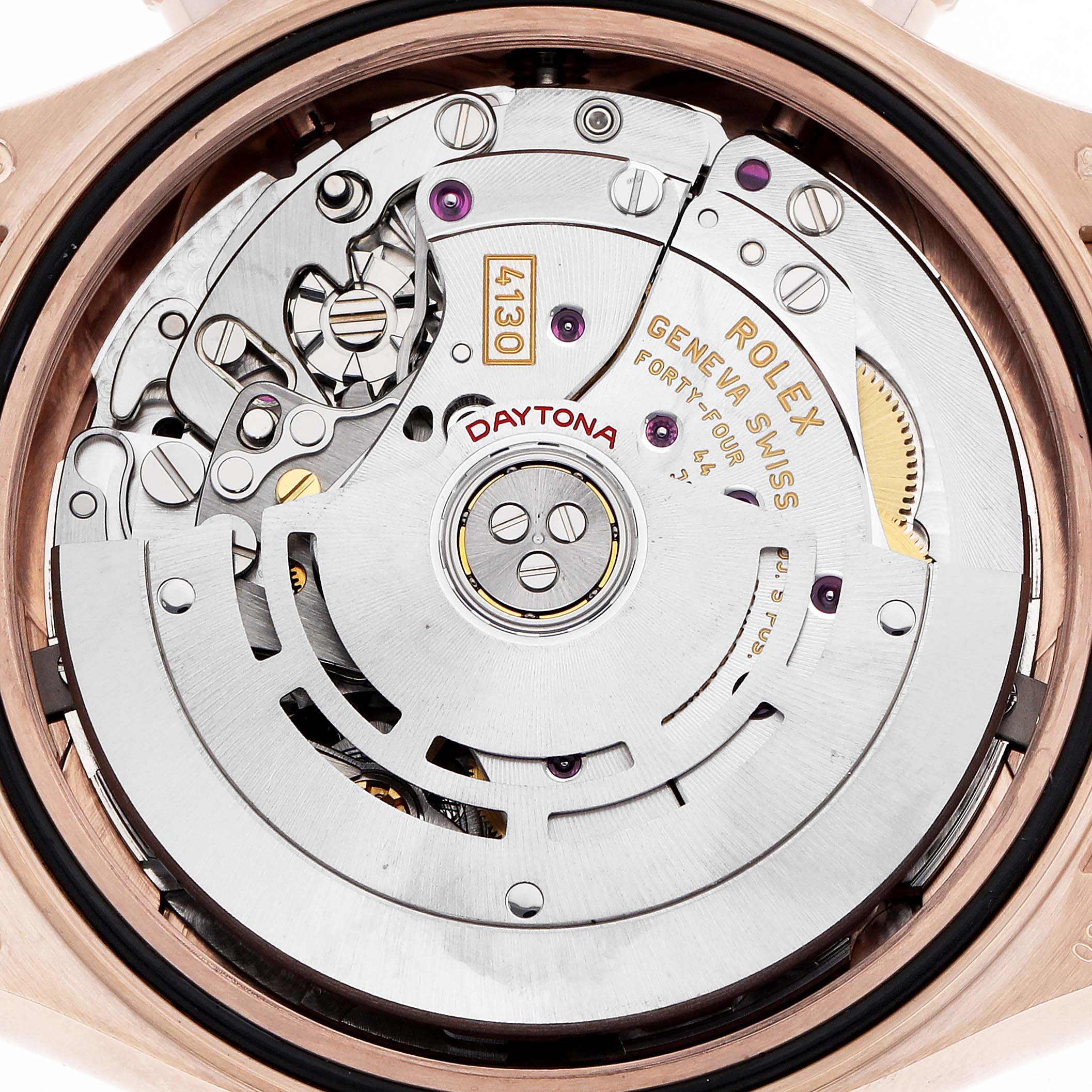 The image shows the Rolex Daytona 116515 Men
s Rose Gold Black Dial
s internal movement, viewed from the back, highlighting the gears and rotor.