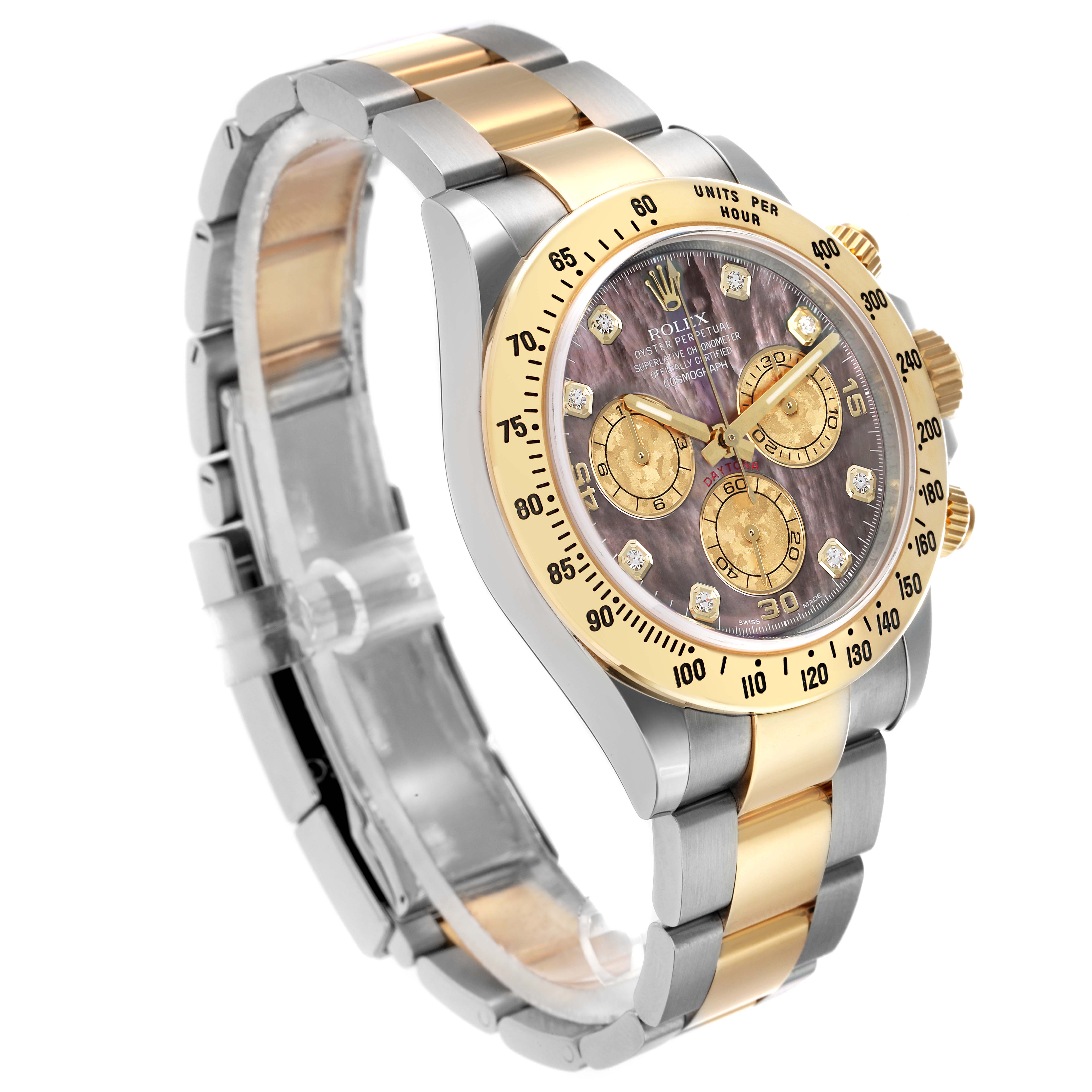 The Rolex Daytona 116523 Men
s Steel and Gold (two tone) Mother of Pearl Dial watch is shown from a three-quarter angle, highlighting its face, bezel, pushers, and bracelet.