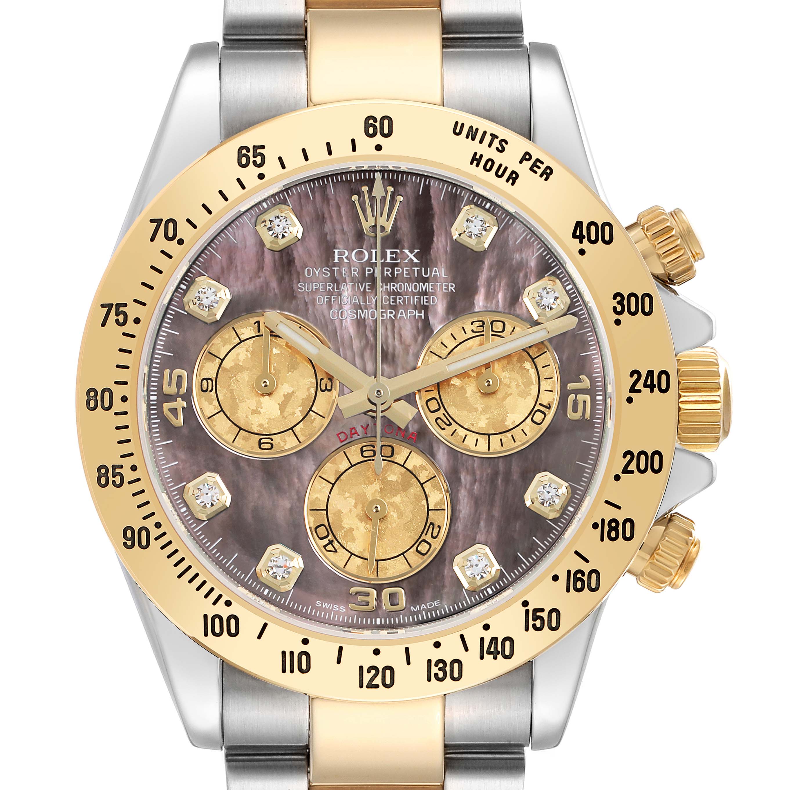 The Rolex Daytona 116523 Men
s Steel and Gold (two tone) Mother of Pearl Dial watch is shown from the front, displaying its dial, bezel, and crown, with a focus on its intricate face design.