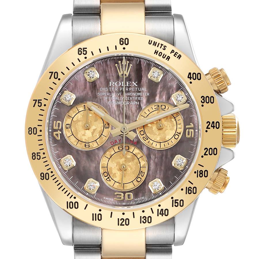The Rolex Daytona 116523 Men's Steel and Gold (two tone) Mother of Pearl Dial watch is shown from the front, displaying its dial, bezel, and crown, with a focus on its intricate face design.