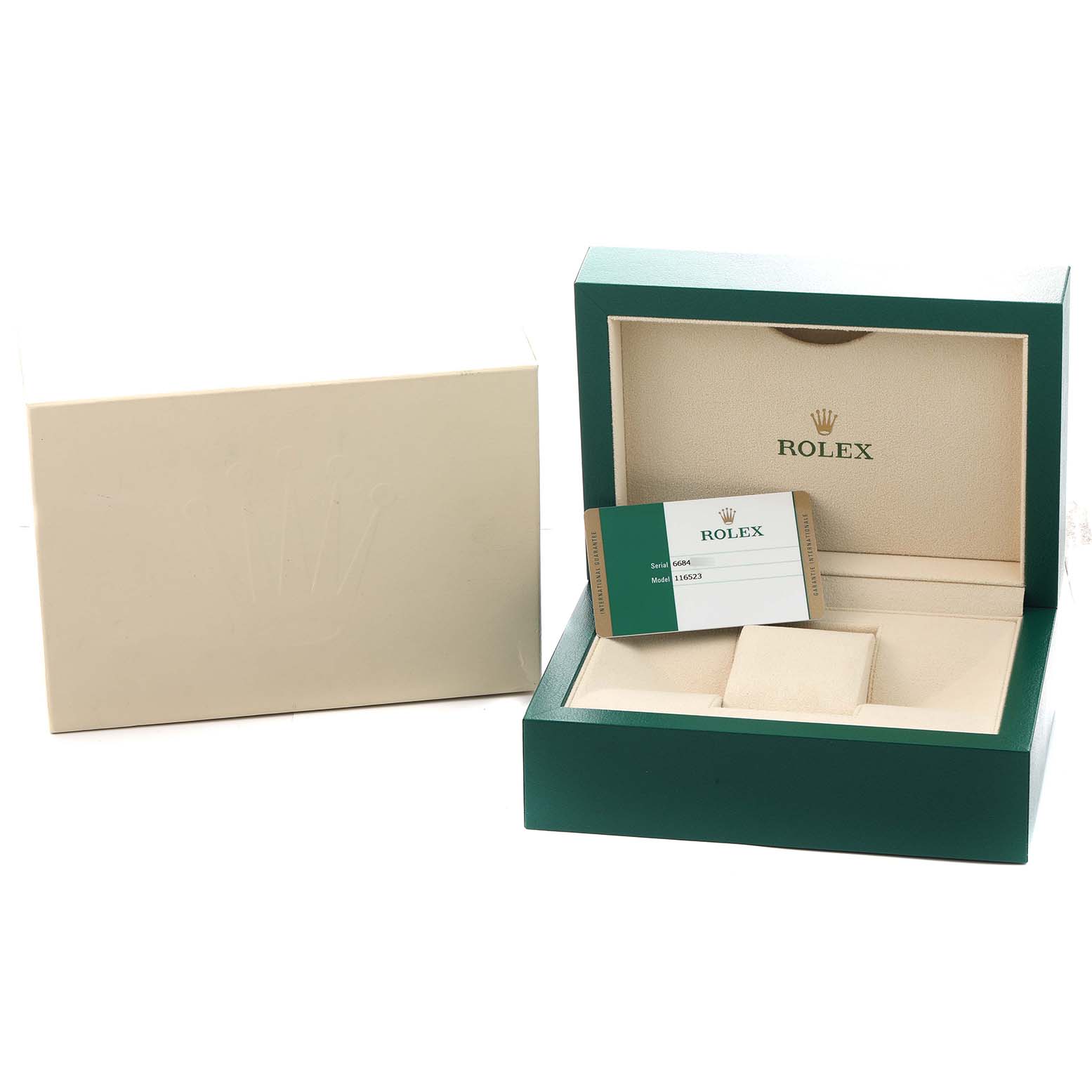 The image shows a Rolex Daytona 116523 Men
s Steel and Gold (two tone) Mother of Pearl Dial watch box, certificate card, and outer packaging.