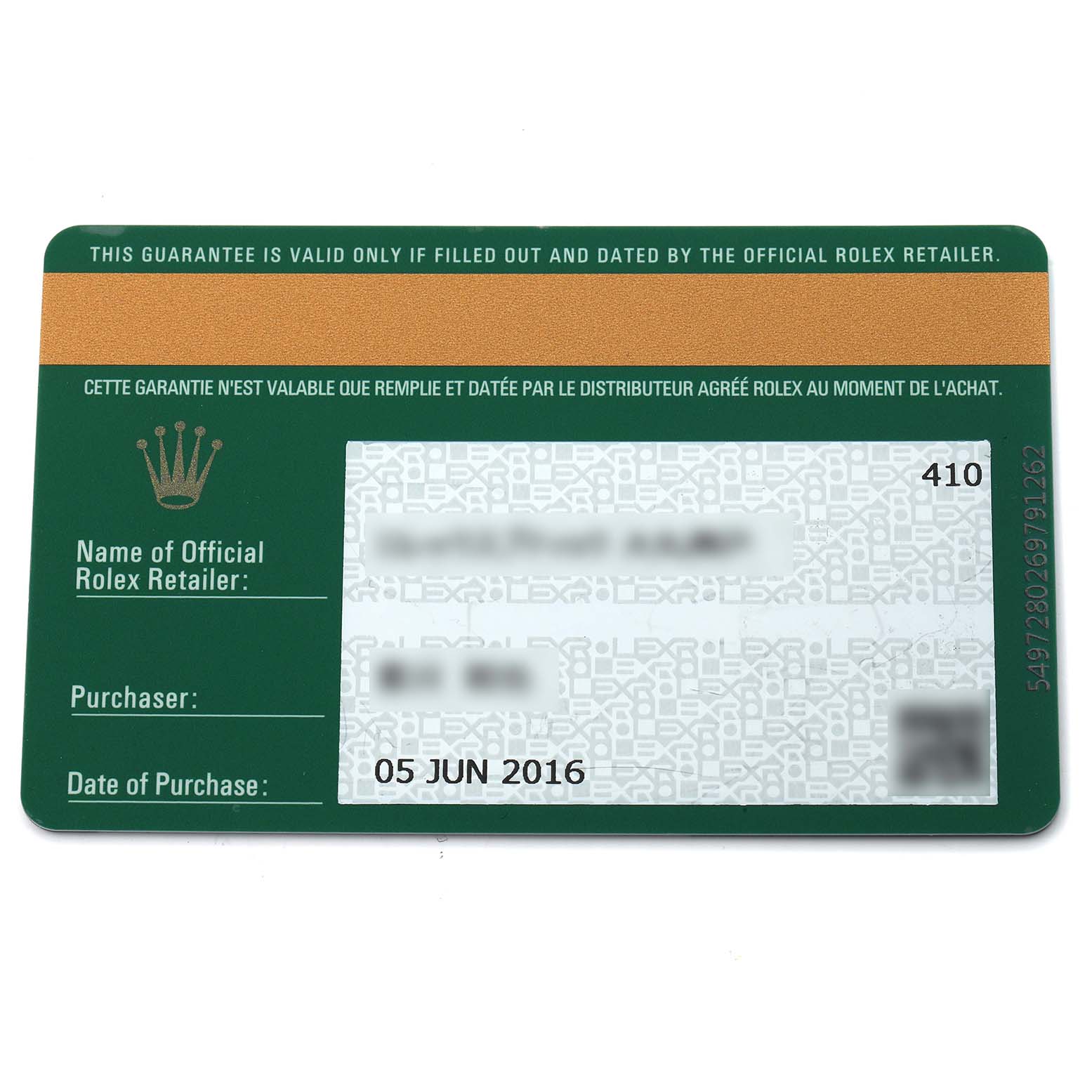 This image shows the warranty card for a Rolex Daytona 116523 Men
s Steel and Gold (two tone) Mother of Pearl Dial watch, displaying purchase information and official retailer details.