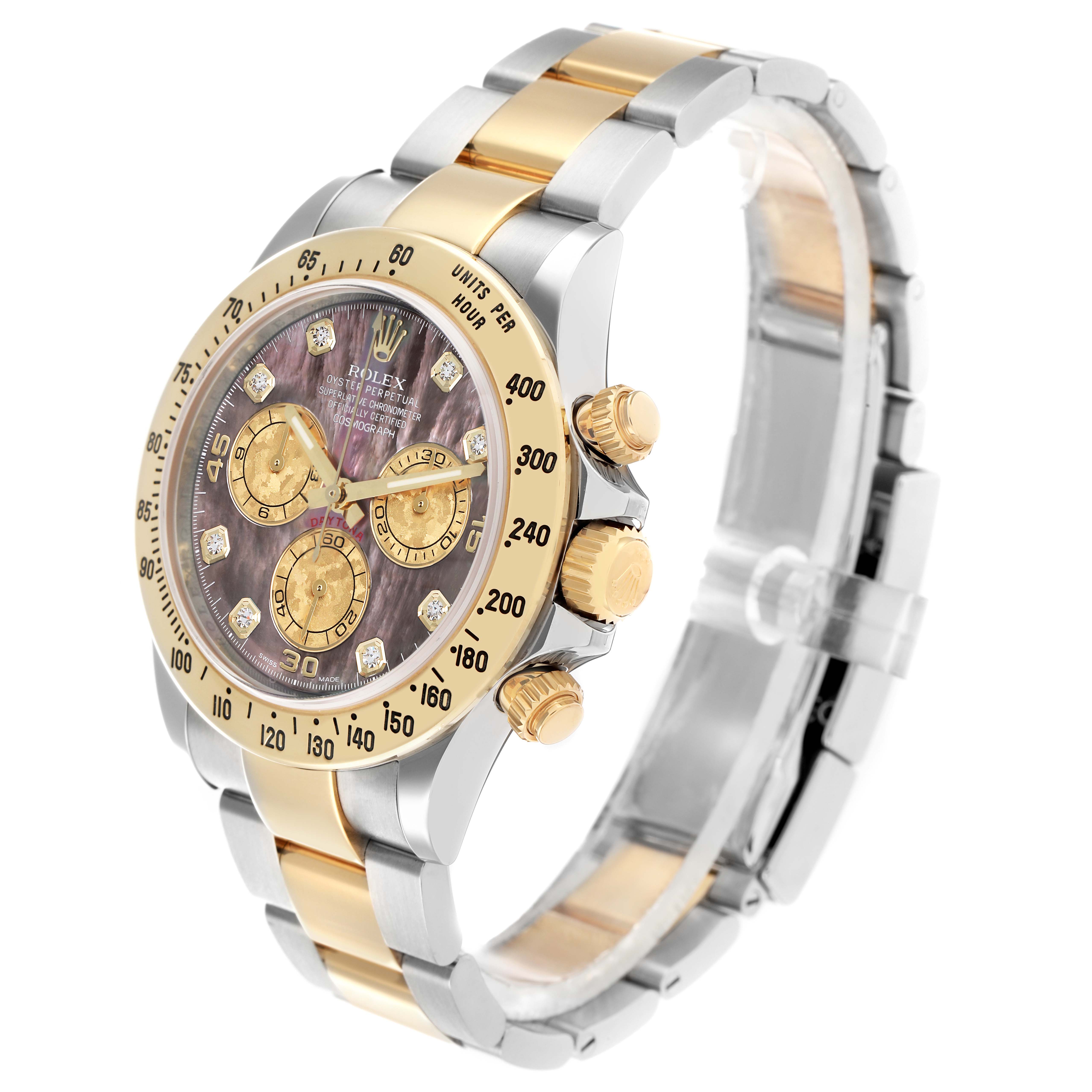 The Rolex Daytona 116523 Men
s Steel and Gold (two tone) Mother of Pearl Dial watch is shown at a three-quarter angle displaying its face, bezel, crown, and bracelet with gold accents.