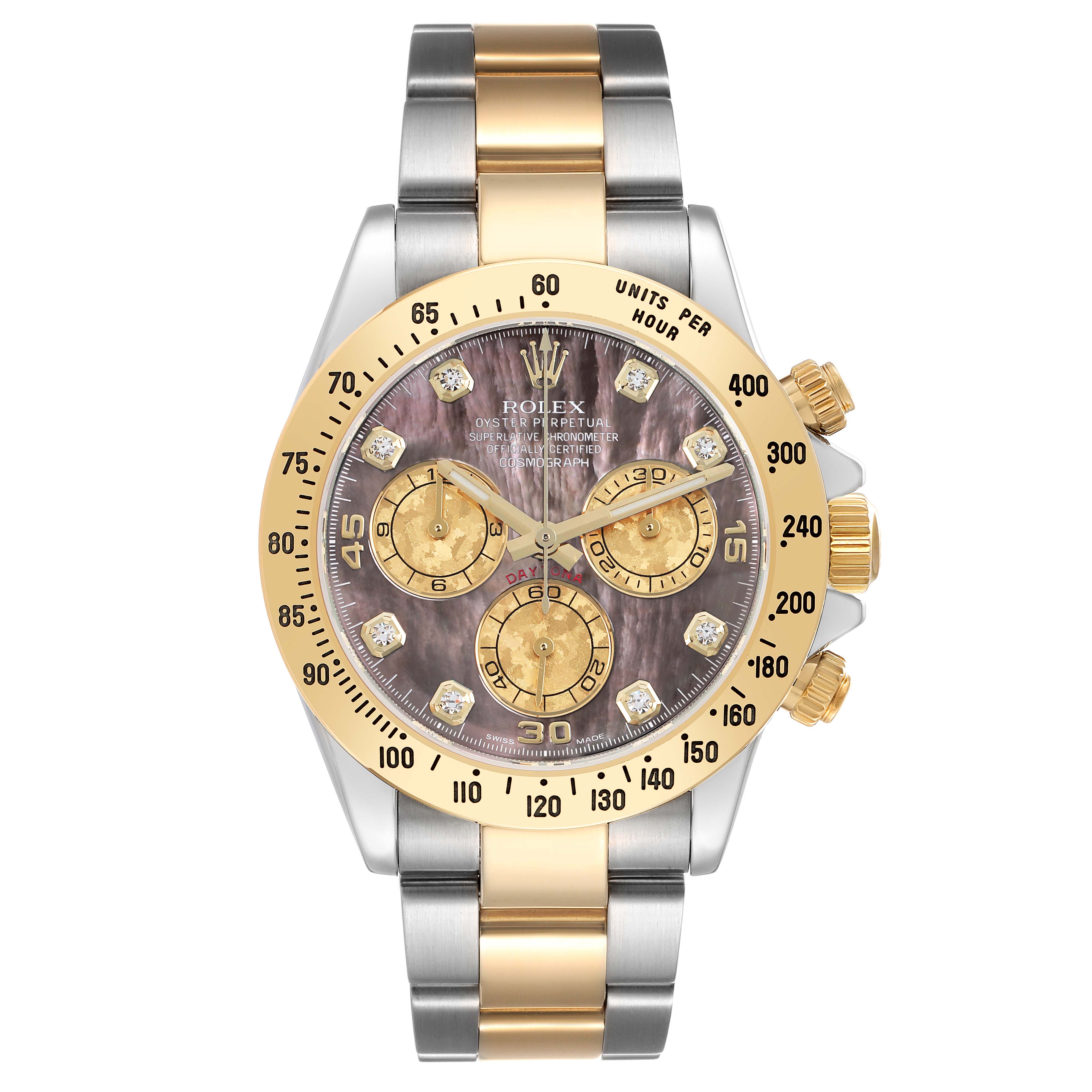 The Rolex Daytona 116523 Men
s Steel and Gold (two tone) Mother of Pearl Dial watch is shown from the front, highlighting its dial, bezel, and two-tone bracelet.