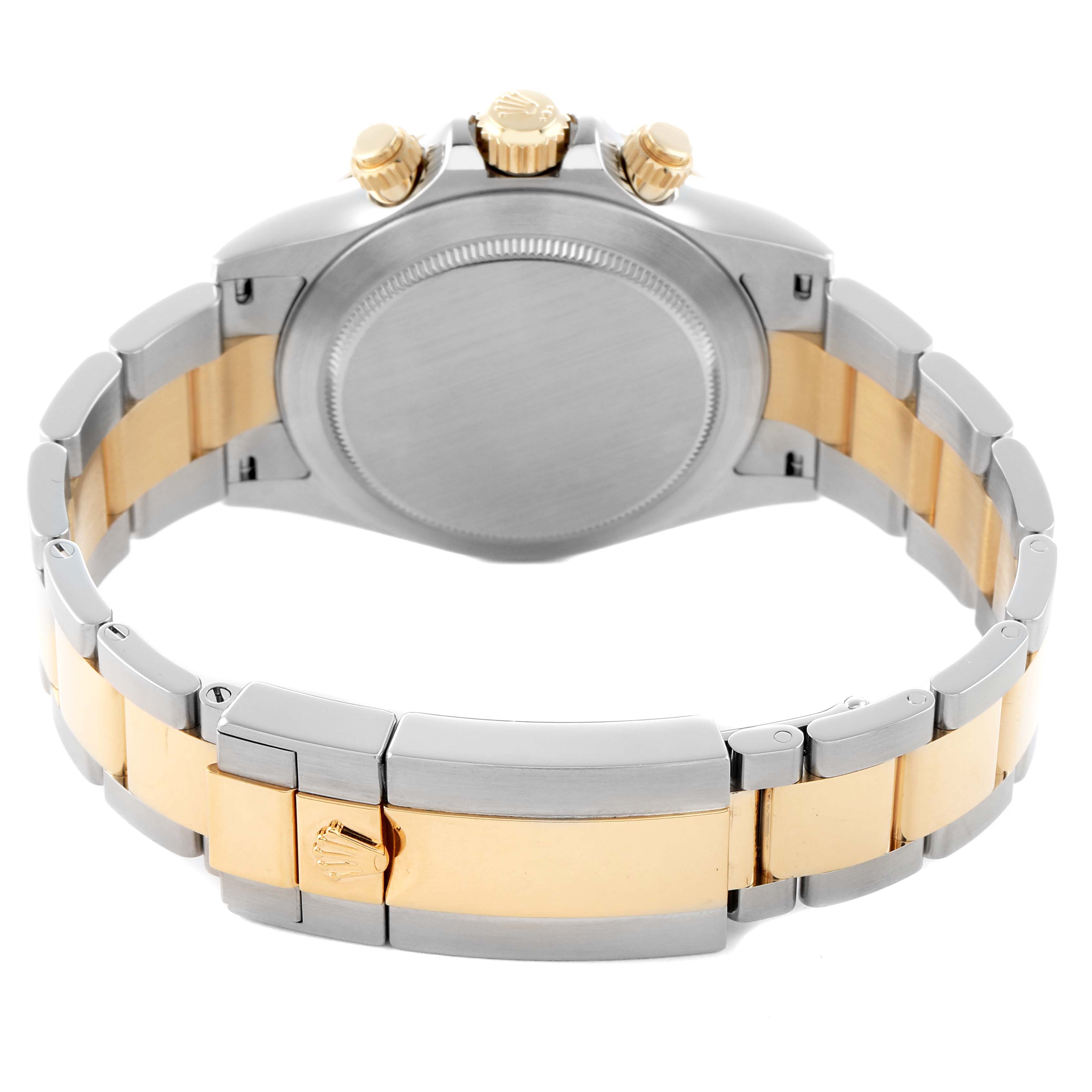 The image shows the back view of the Rolex Daytona 116523 Men
s Steel and Gold (two tone) Mother of Pearl Dial, highlighting the case back, crown, pushers, and two-tone bracelet.