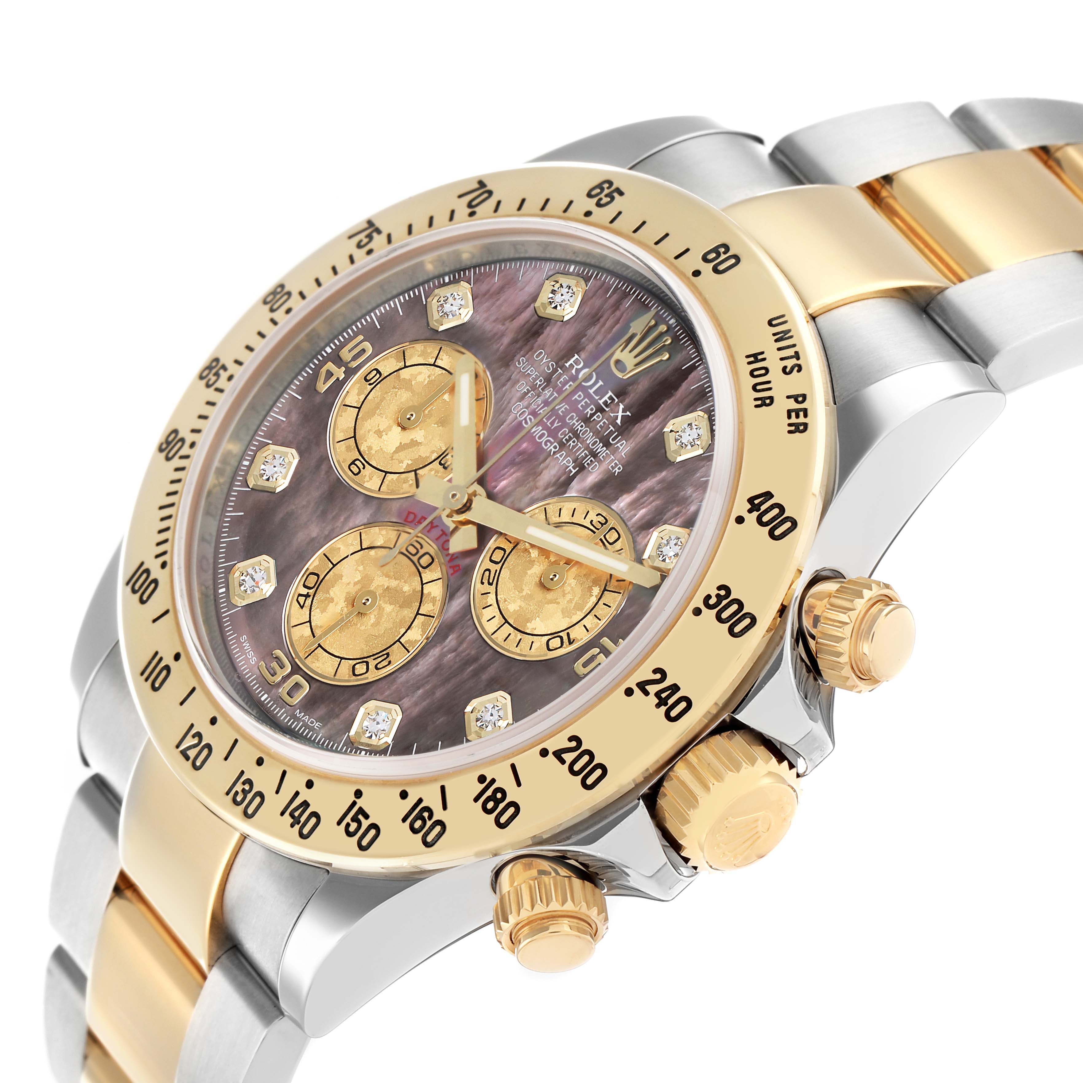 The image shows a Rolex Daytona 116523 Men
s Steel and Gold (two tone) Mother of Pearl Dial from an angled view, highlighting the dial, bezel, and crown.
