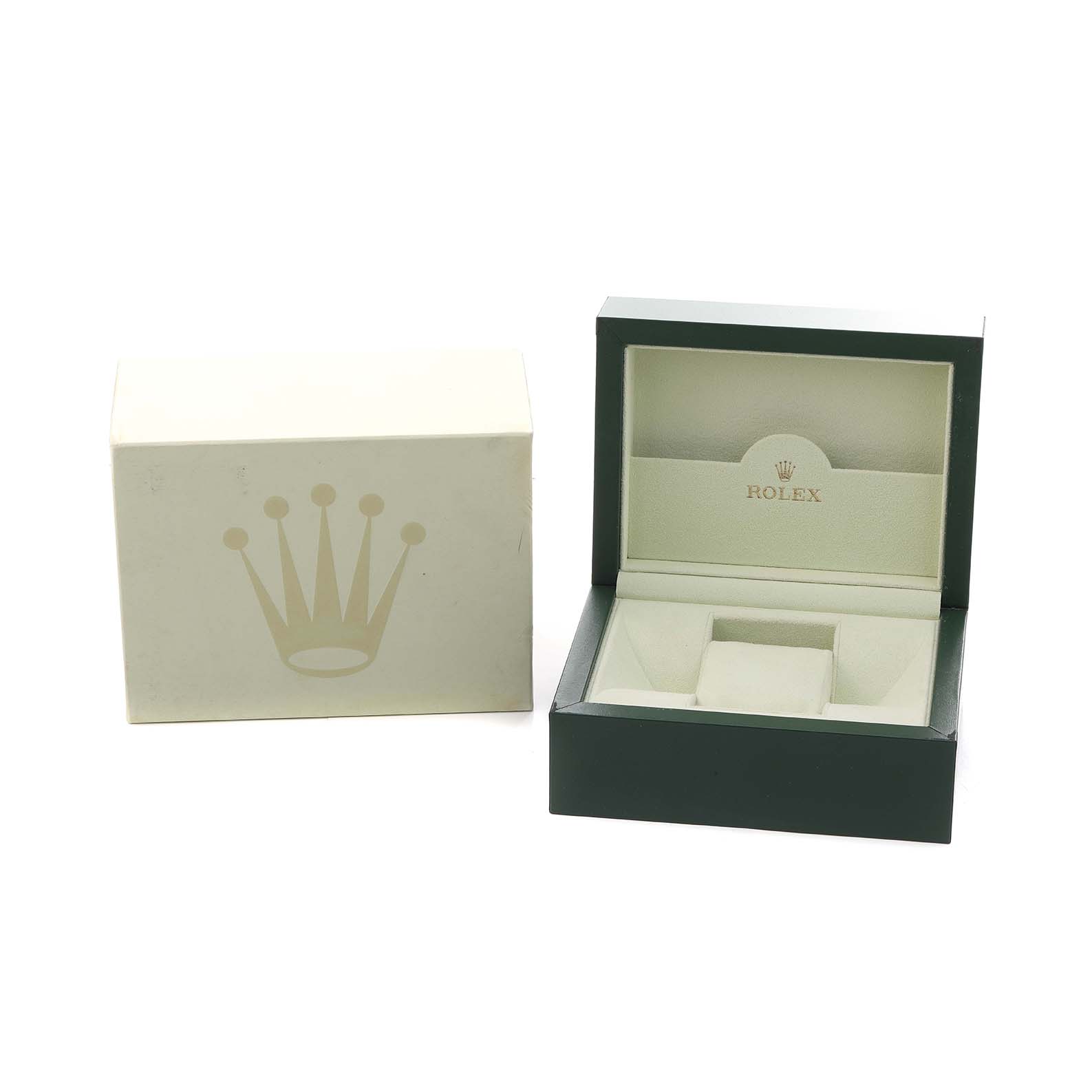 The image shows the open box and outer packaging for a Rolex Daytona 116520 Men
s Stainless Steel White Dial watch, with the box lid displaying the Rolex logo.
