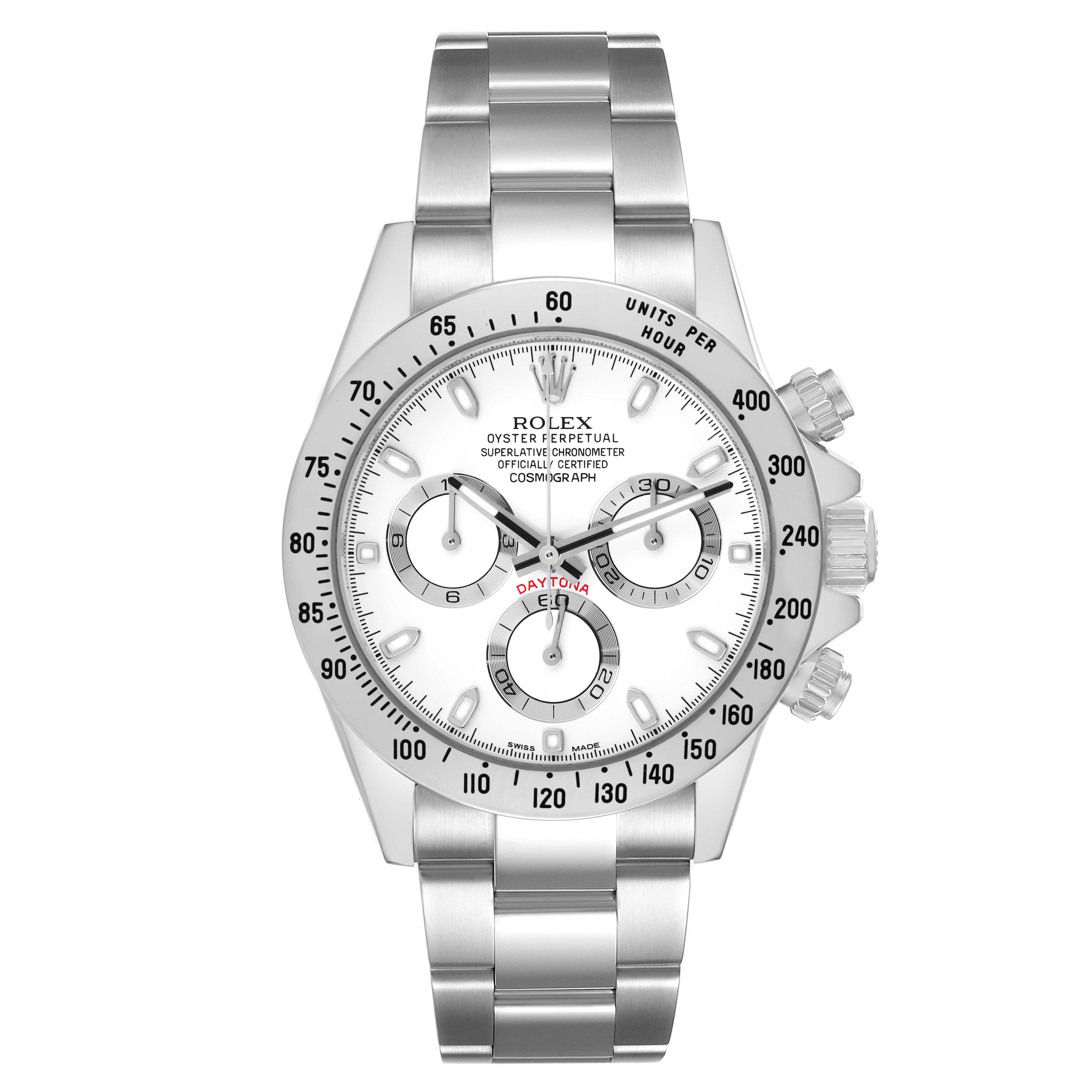 The Rolex Daytona 116520 Men
s Stainless Steel White Dial watch is shown from a frontal angle, displaying the face, bezel, and entire bracelet.
