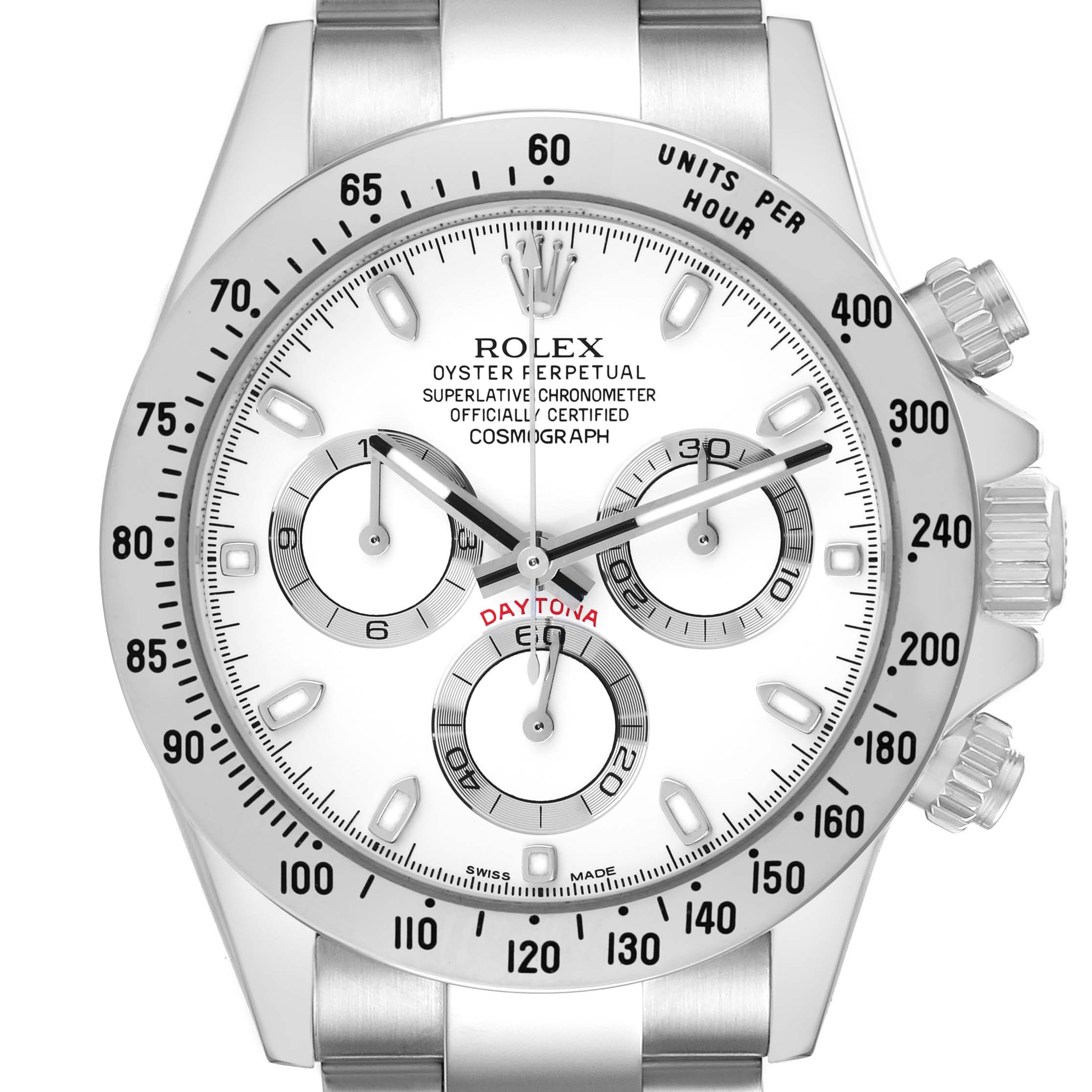 The Rolex Daytona 116520 Men
s Stainless Steel White Dial watch is shown from the front, displaying the dial, bezel, and chronograph sub-dials.