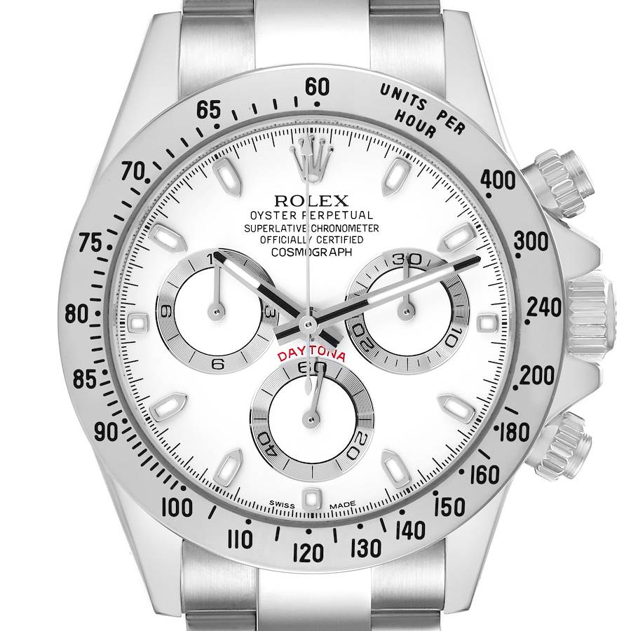 The Rolex Daytona 116520 Men's Stainless Steel White Dial watch is shown from the front, displaying the dial, bezel, and chronograph sub-dials.