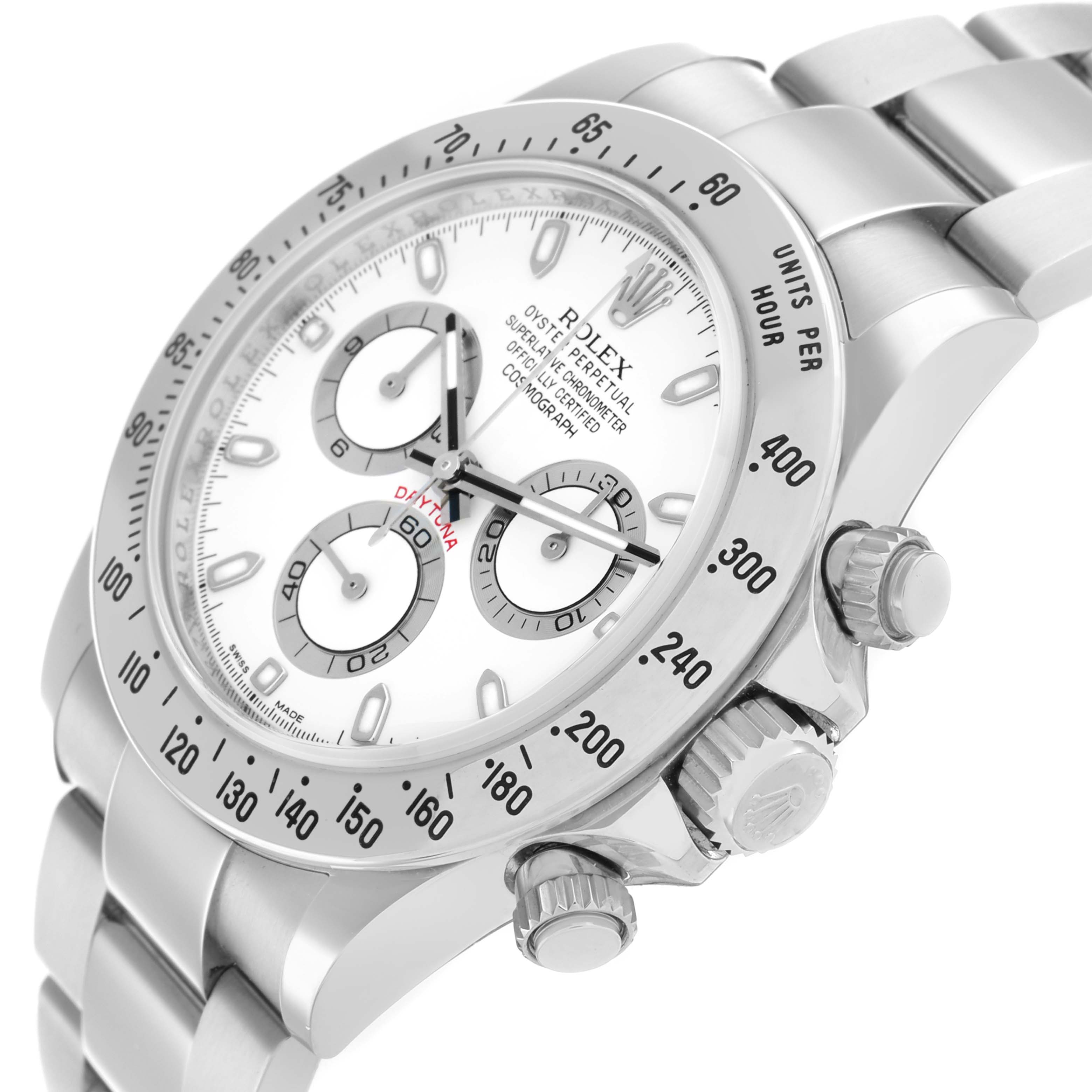 The Rolex Daytona 116520 Men
s Stainless Steel White Dial watch is shown from an angled side view, highlighting the dial, bezel, crown, and part of the bracelet.