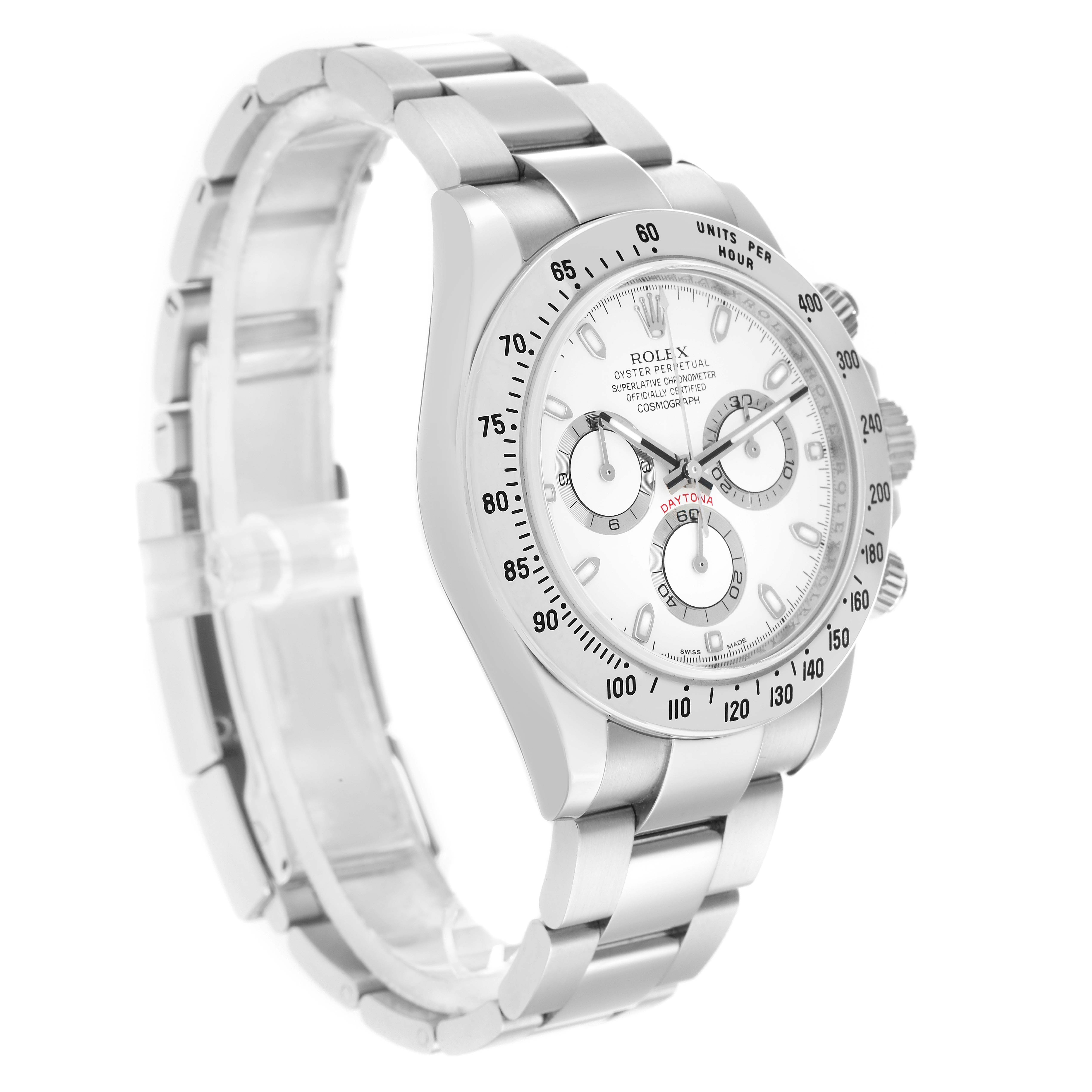 The Rolex Daytona 116520 Men
s Stainless Steel White Dial watch is shown at a three-quarter angle, displaying the dial, bezel, and bracelet.