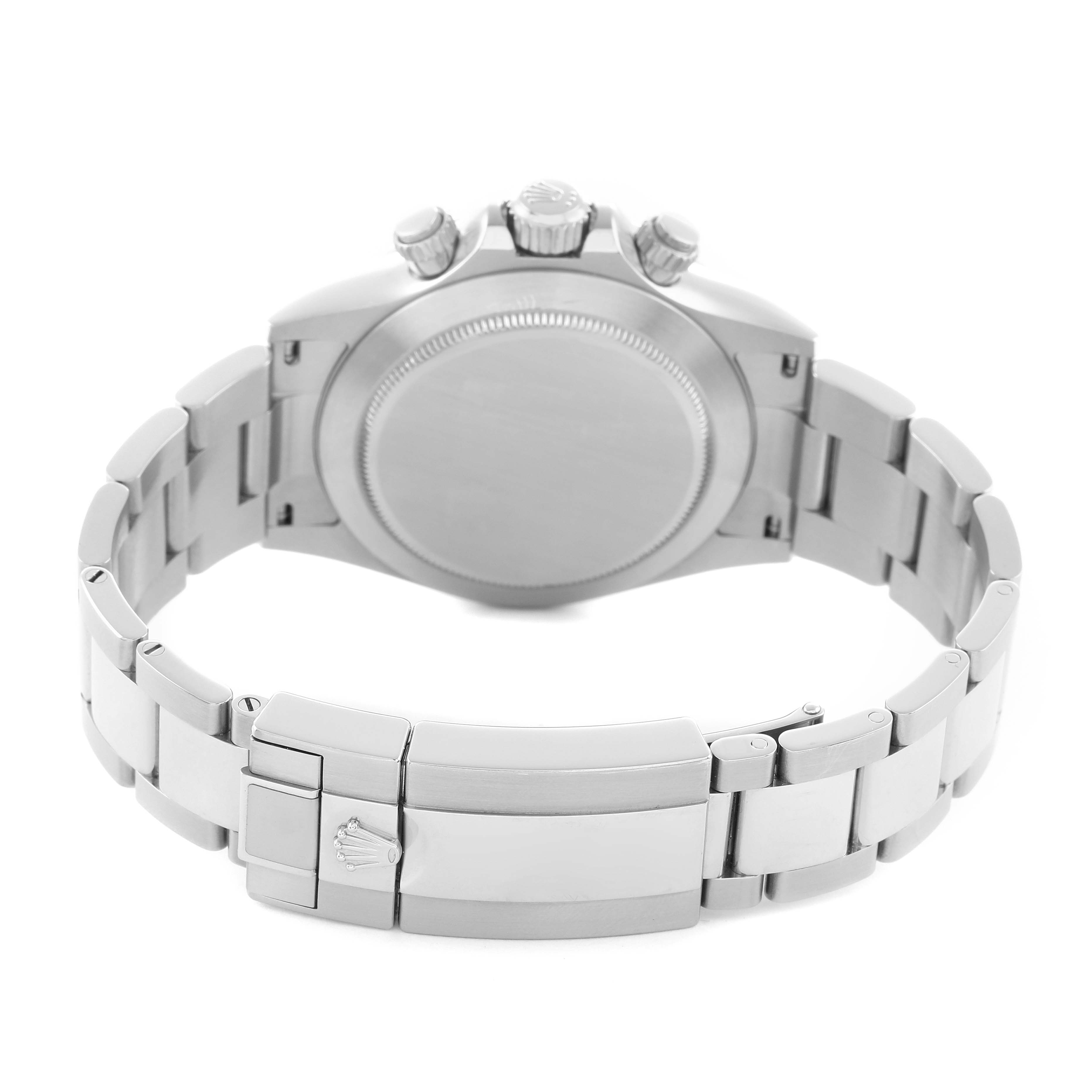 The image shows the back view of a Rolex Daytona 116520 Men
s Stainless Steel White Dial, featuring the clasp, case back, and bracelet.