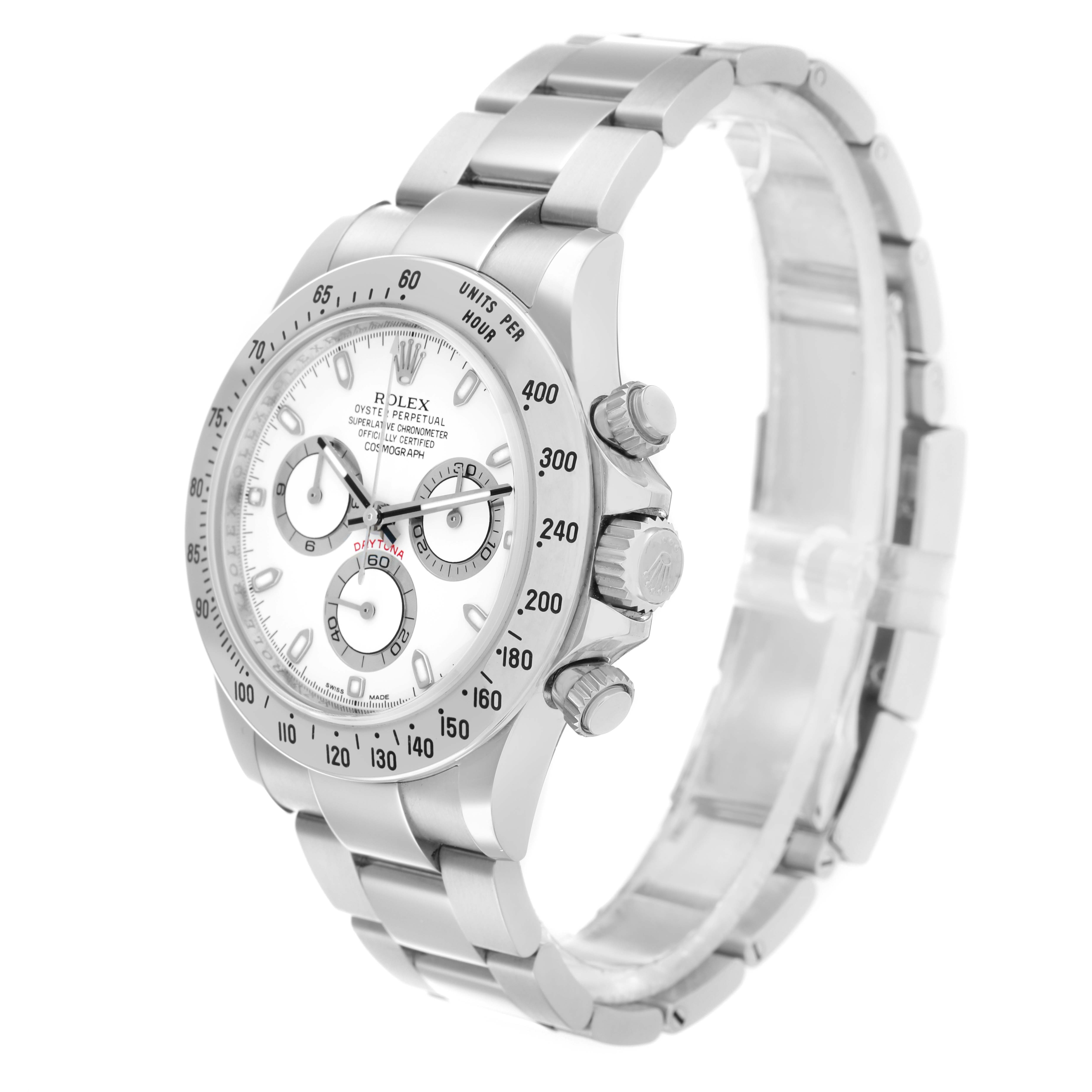 The Rolex Daytona 116520 Men
s Stainless Steel White Dial watch is shown from a three-quarter angle, highlighting the face, side buttons, and bracelet.