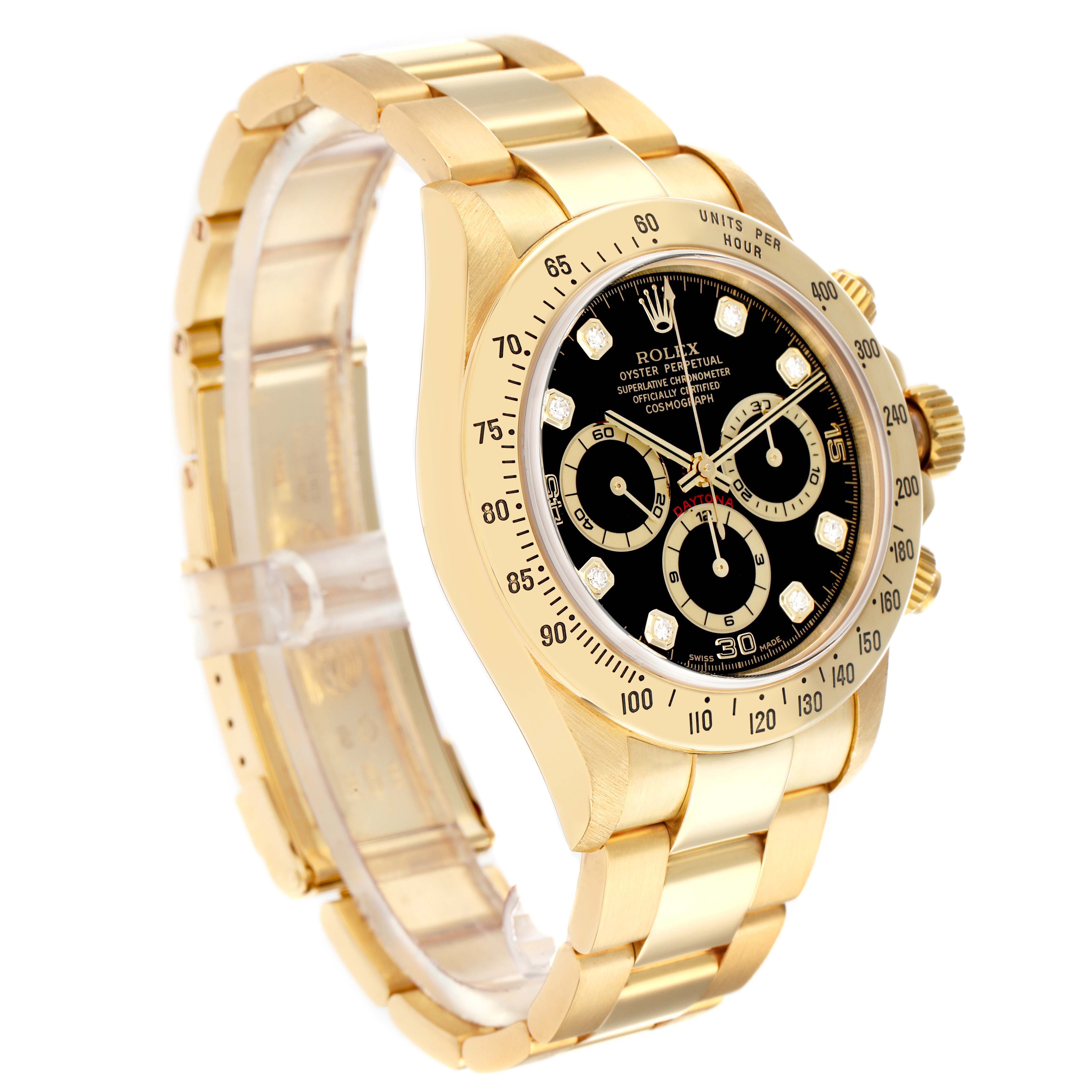 The Rolex Daytona 16528 Men
s Yellow Gold Black Dial watch is shown at a three-quarter angle, highlighting the dial, bezel, and bracelet.