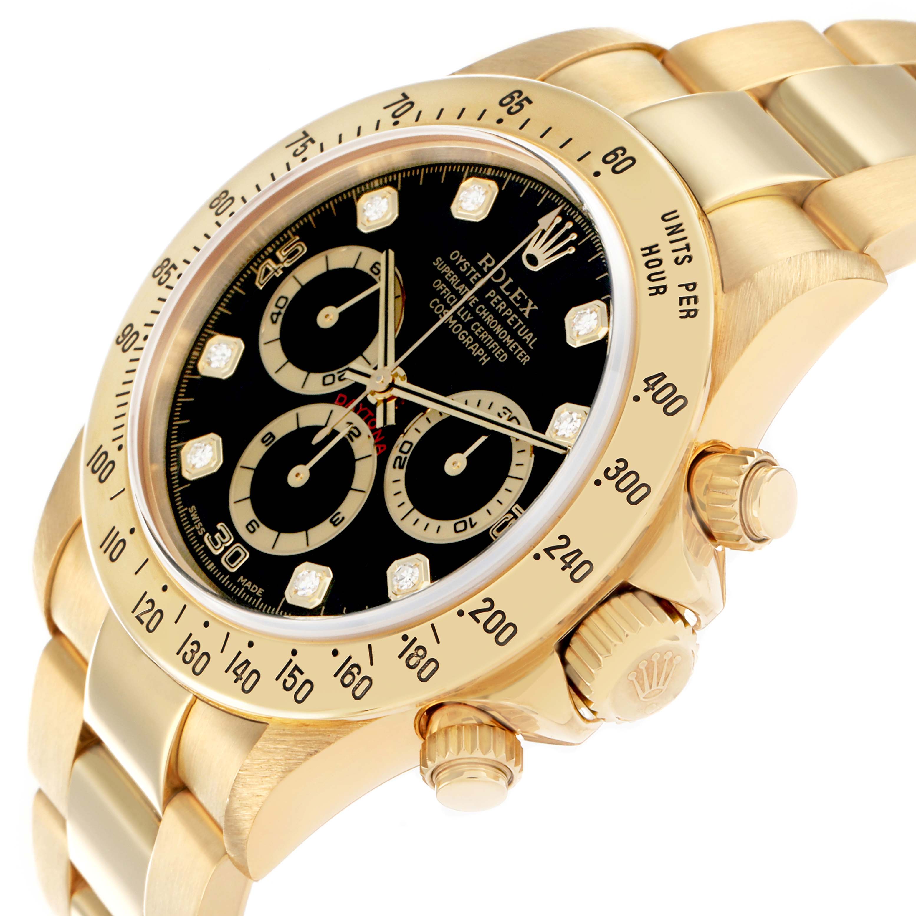 The Rolex Daytona 16528 Men
s Yellow Gold Black Dial watch is shown at a three-quarter angle highlighting the dial, bezel, and side pushers.