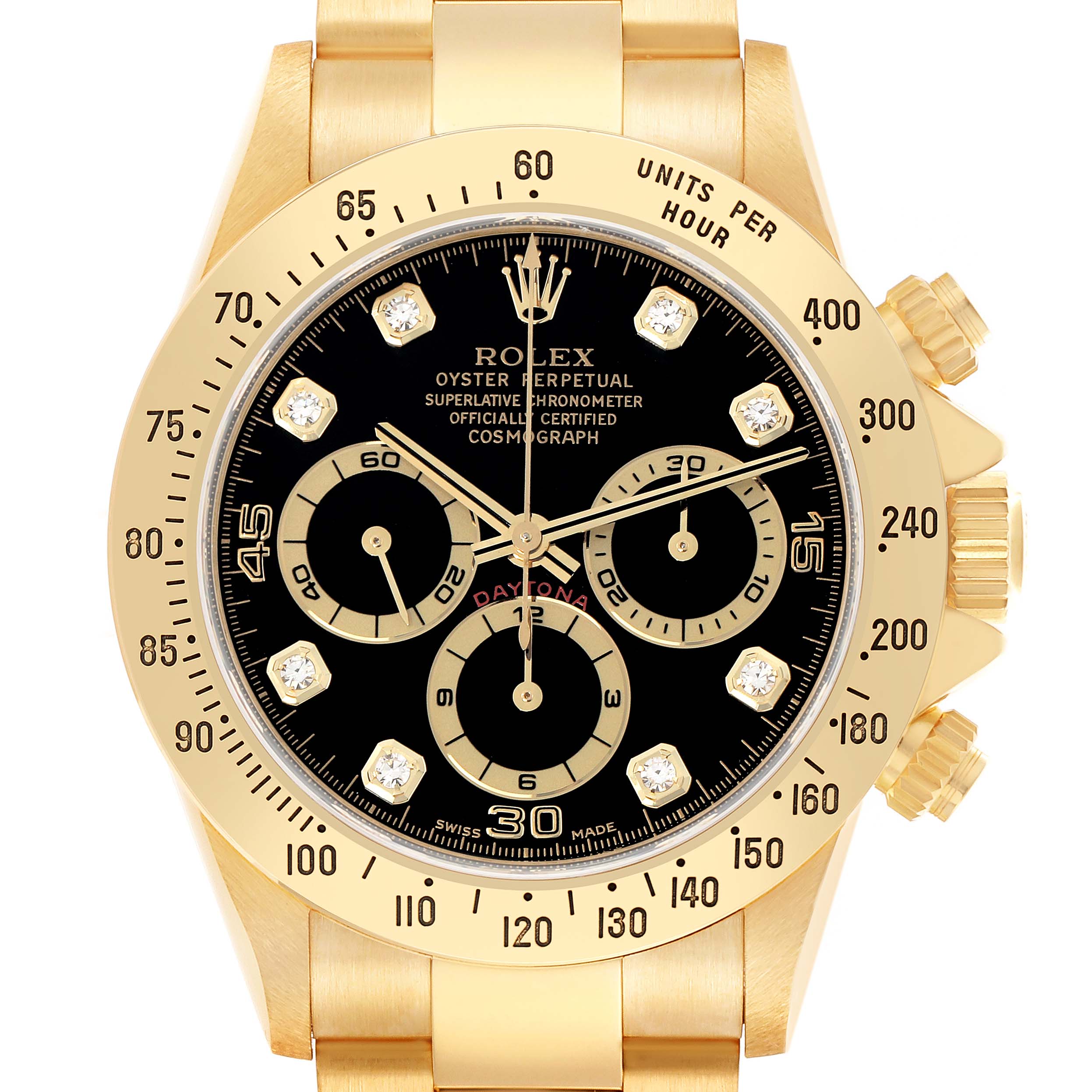 The Rolex Daytona 16528 Men
s Yellow Gold Black Dial watch is shown from a front view, displaying the dial, bezel, and crown.