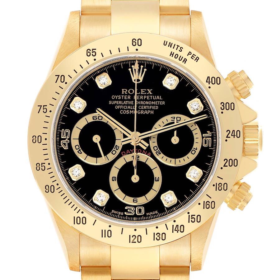 The Rolex Daytona 16528 Men's Yellow Gold Black Dial watch is shown from a front view, displaying the dial, bezel, and crown.