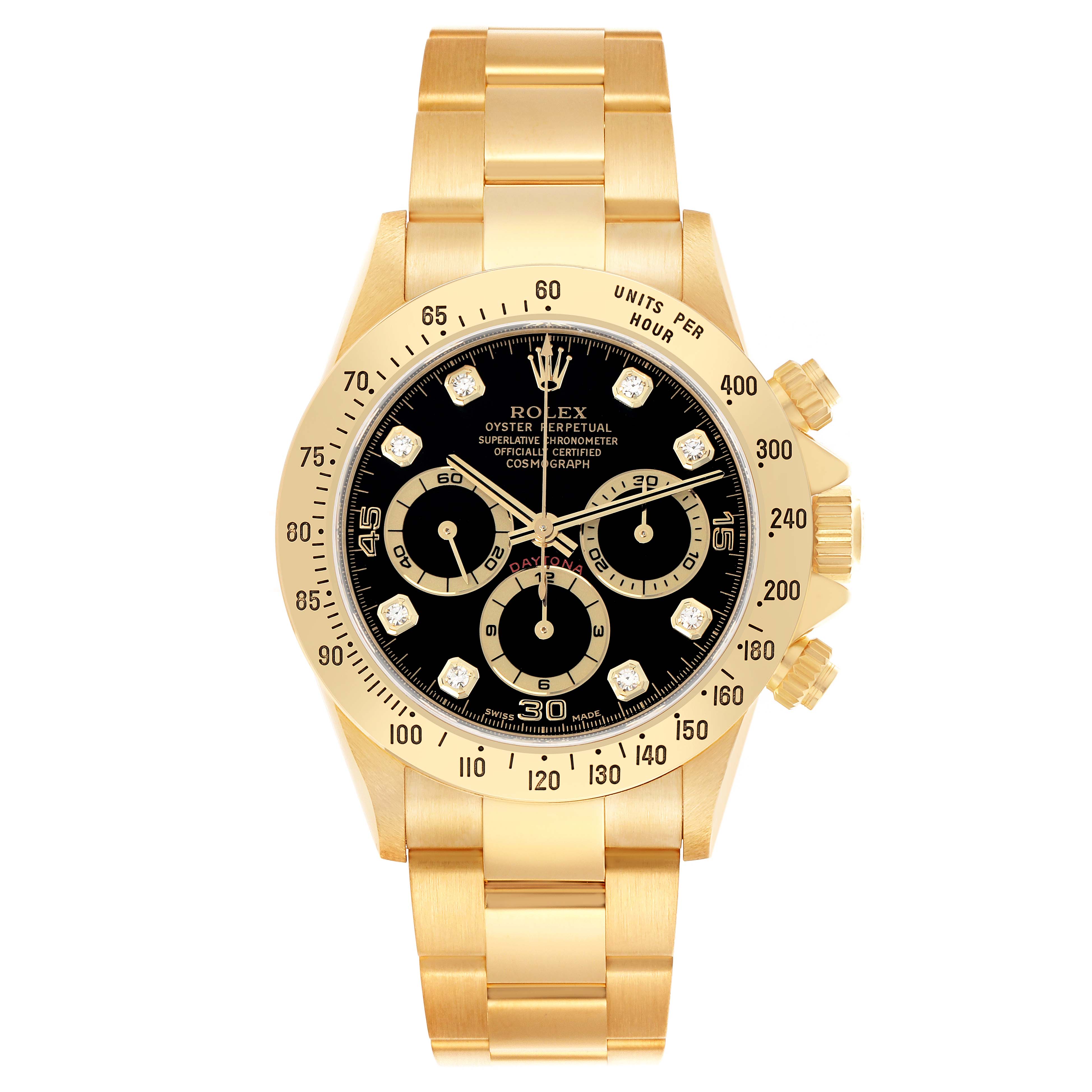 The Rolex Daytona 16528 Men
s Yellow Gold Black Dial watch is shown from the front, displaying its black dial, subdials, gold bracelet, and the bezel with tachymetric scale.