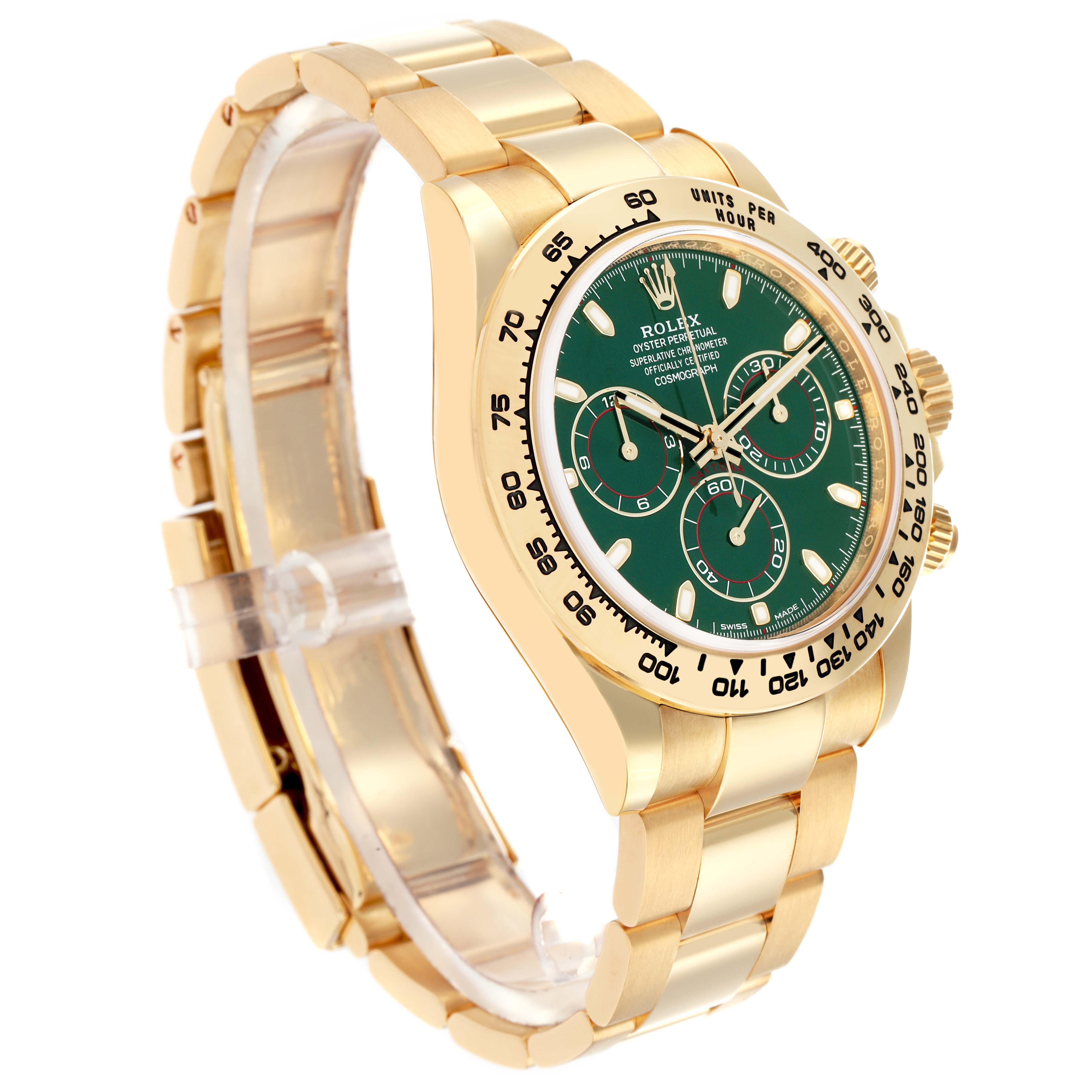 The Rolex Daytona 116508 Men
s Yellow Gold Green Dial watch is shown at a three-quarter angle, highlighting the bracelet, bezel, and green dial.