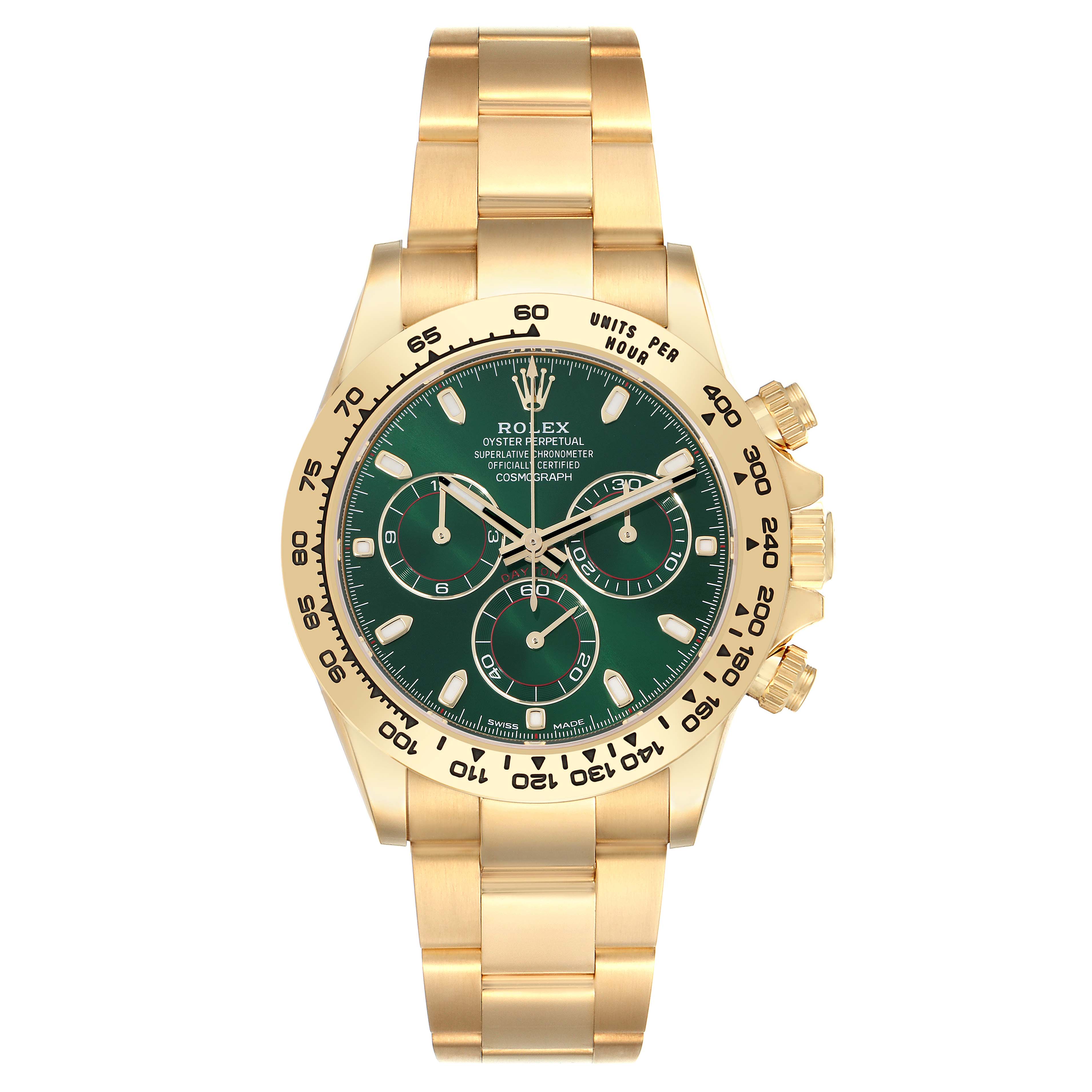 The Rolex Daytona 116508 Men
s Yellow Gold Green Dial watch is shown from a straight-on angle, featuring its gold bracelet, green dial, and three subdials.