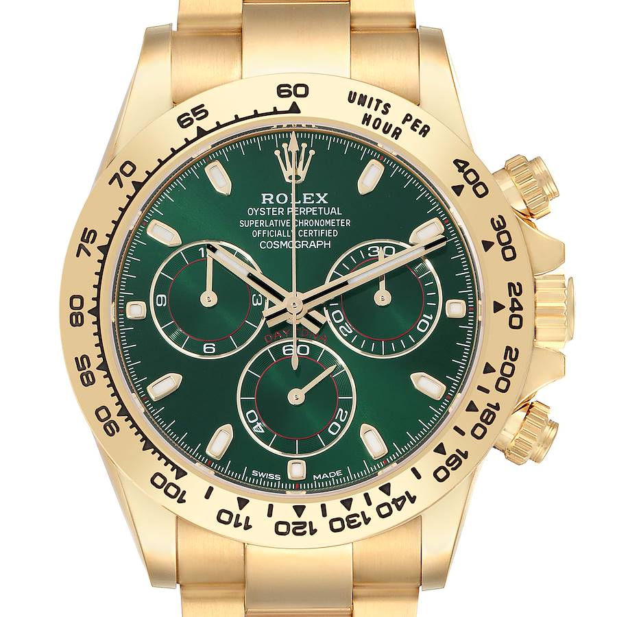 The Rolex Daytona 116508 Men's Yellow Gold Green Dial is shown from a top-down angle, highlighting the green dial, gold bezel, and chronograph subdials.