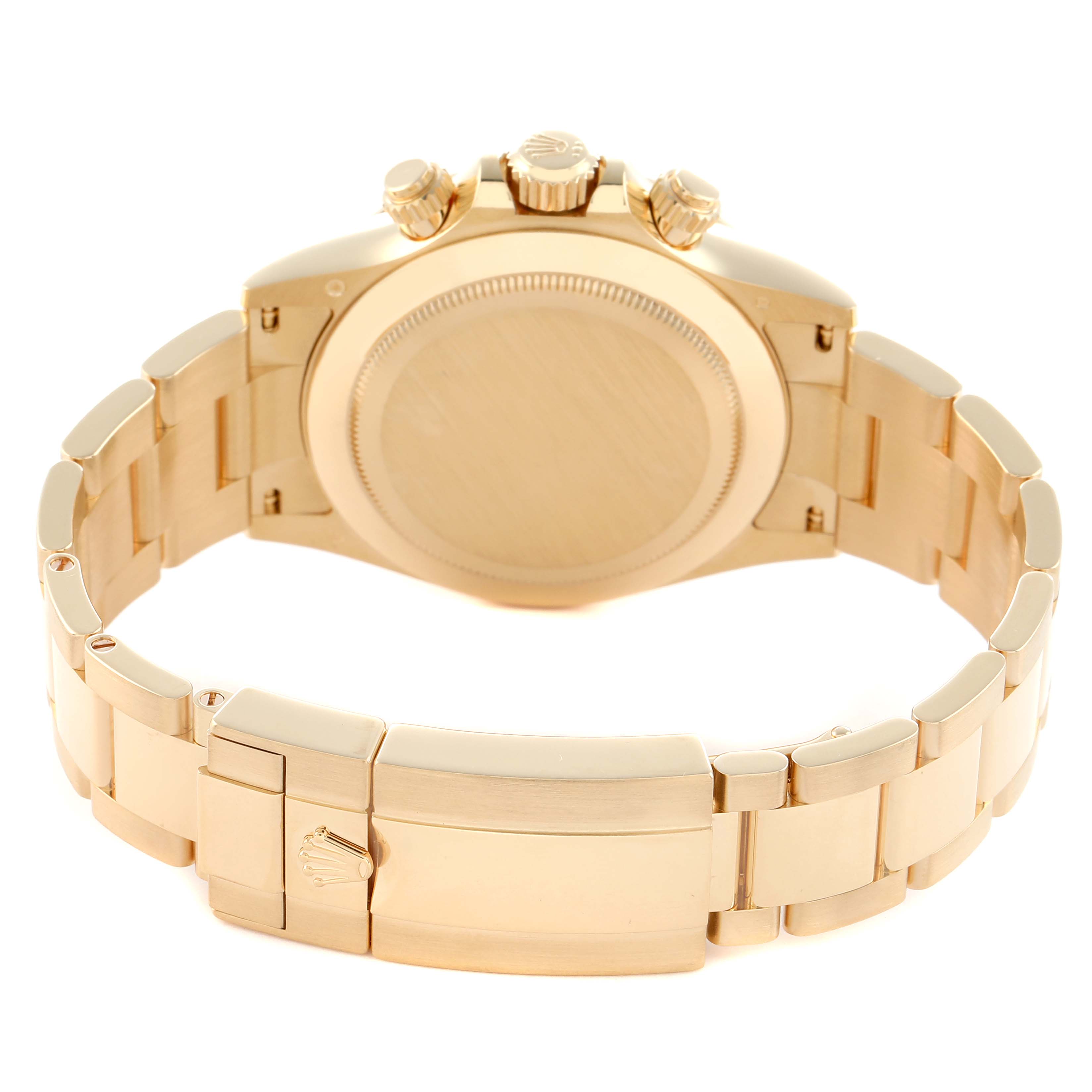 The Rolex Daytona 116508 Men
s Yellow Gold Green Dial is shown from the back, highlighting the case, clasp, and bracelet.