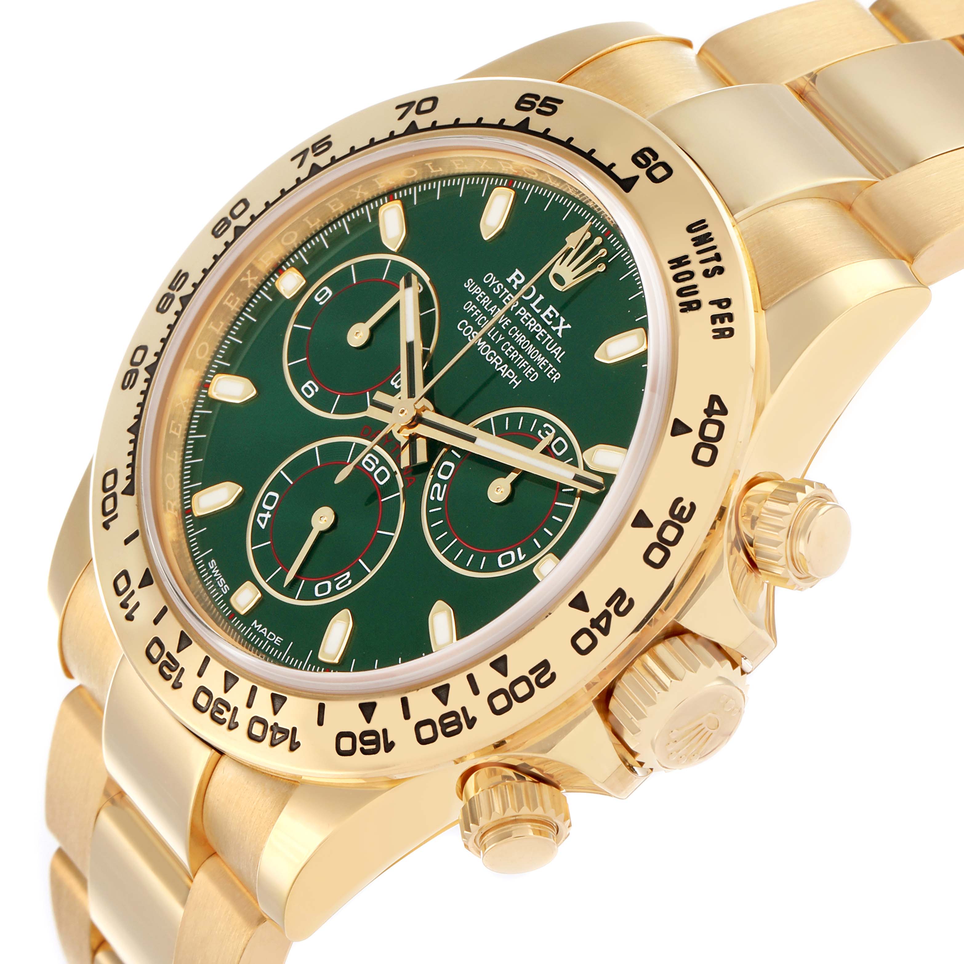 The Rolex Daytona 116508 Men
s Yellow Gold Green Dial watch is shown at an angled view, highlighting its green dial, chronograph subdials, bezel, and gold bracelet.